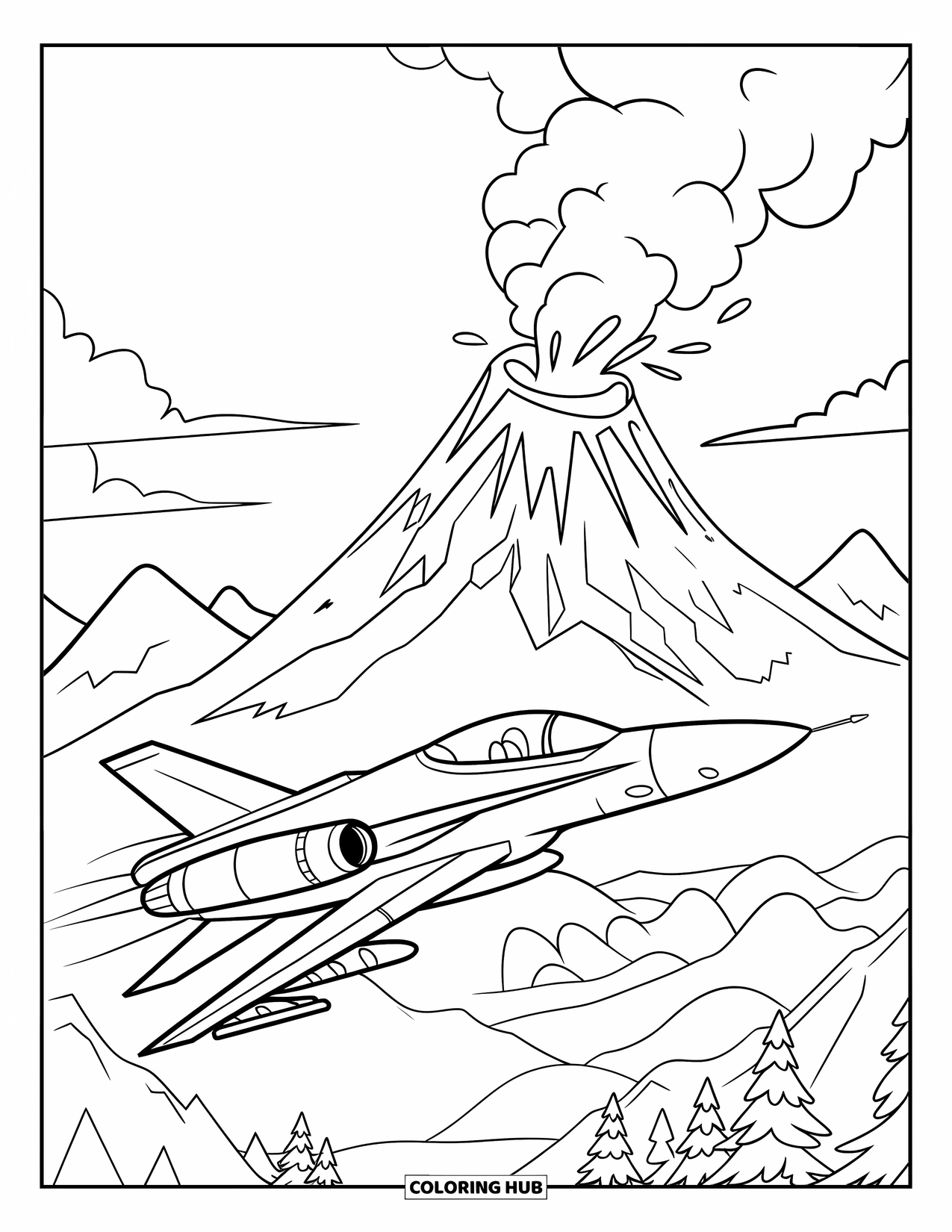 Jet Coloring Page for Kids: A jet flies low past an erupting volcano with lava and drifting smoke