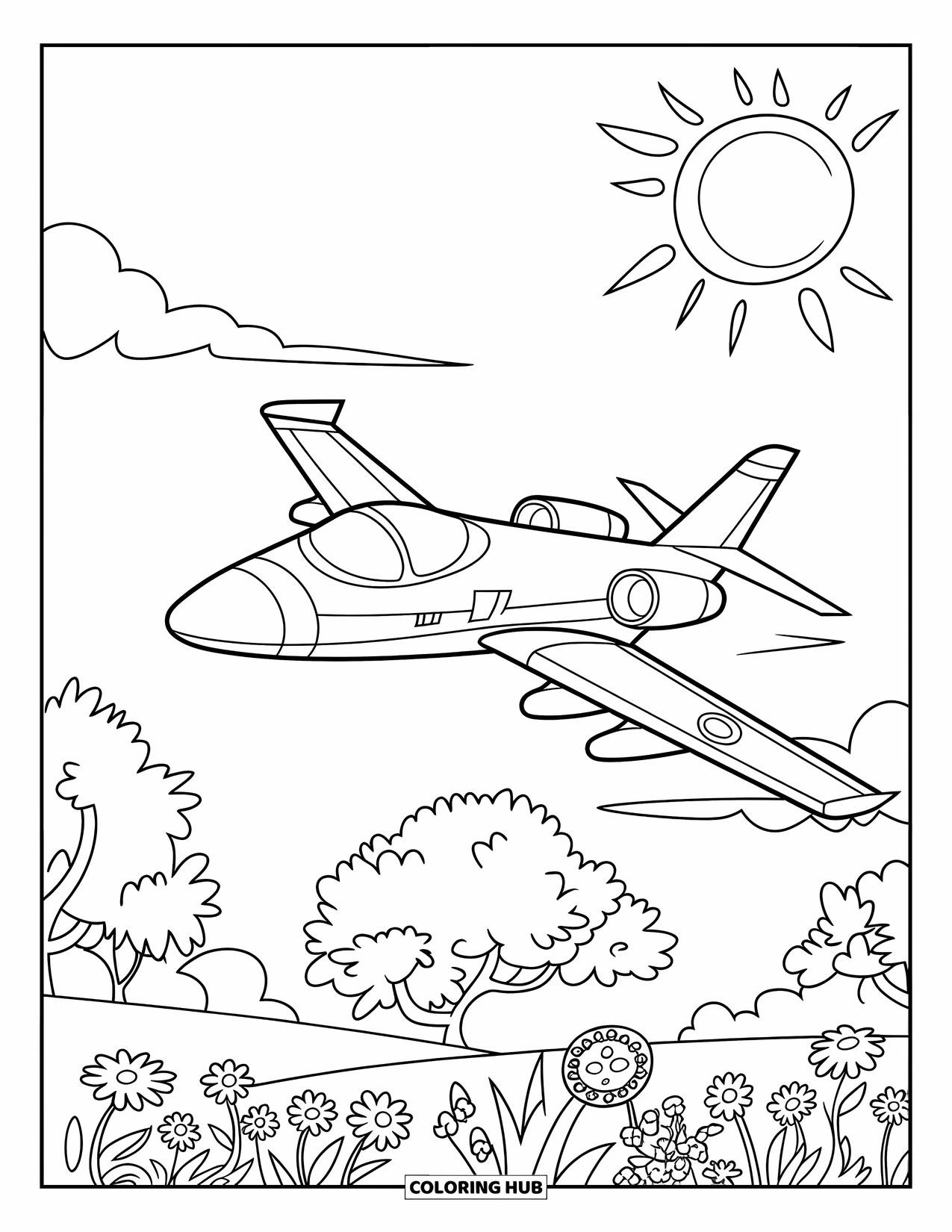 Jet Coloring Page for Kids: A jet flies over trees and flowers on a bright sunny day