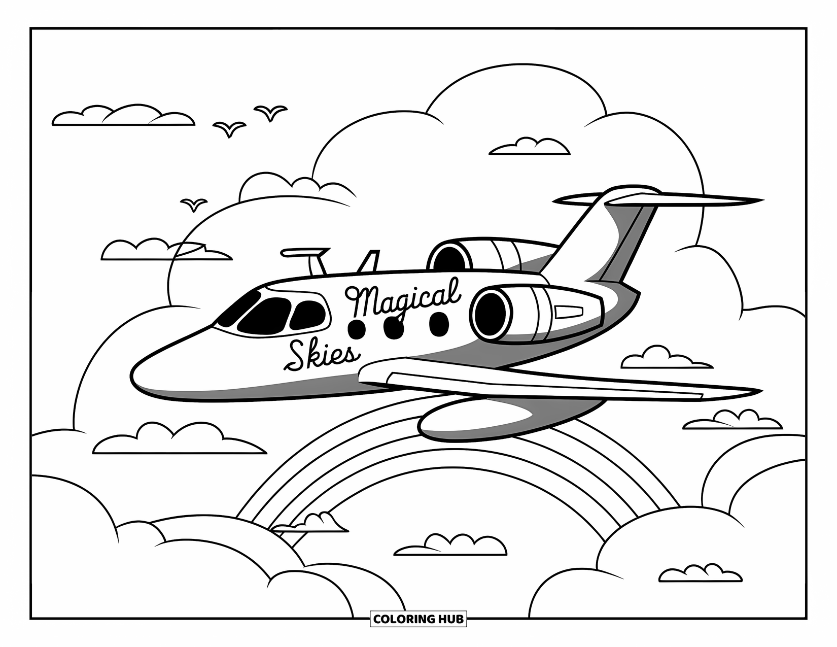 Jet Coloring Page for Kids: A jet glides over fluffy clouds as a rainbow peeks through