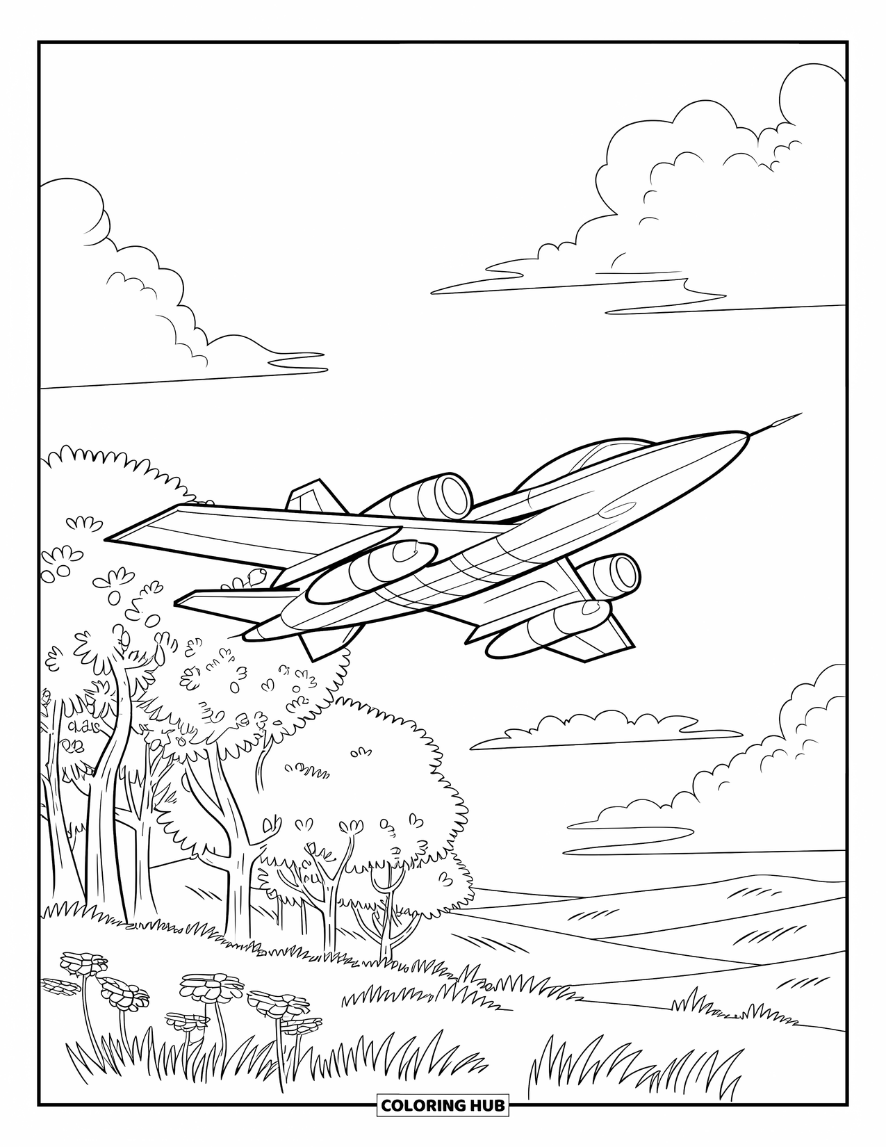 Jet Coloring Page for Kids: A jet soars above leafy trees and blooming flowers under clear skies