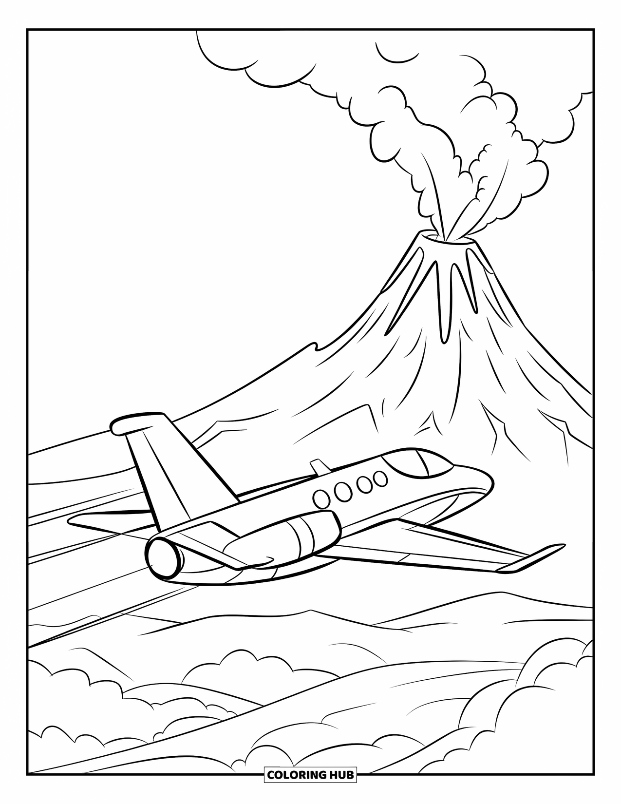 Jet Coloring Page for Kids: A jet soars by an erupting volcano with smoke rising into the sky