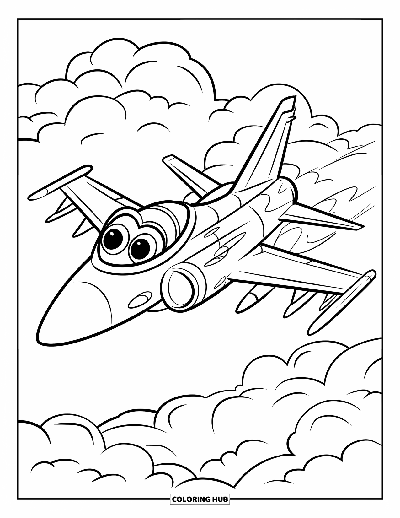 Jet Coloring Page for Kids: A jet with big eyes and a friendly face soars through puffy clouds