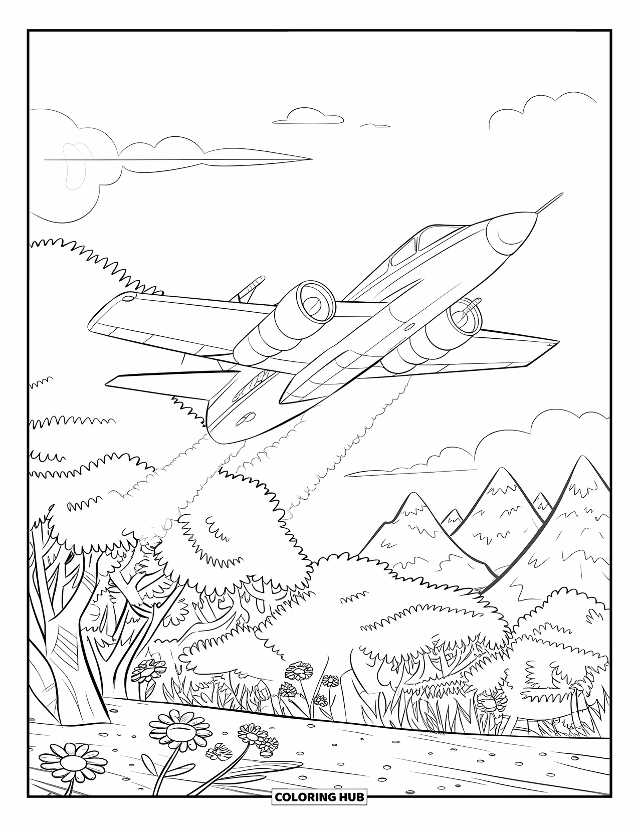 Jet Coloring Page for Kids: A jet with engines on flies low over trees, flowers, and distant mountains