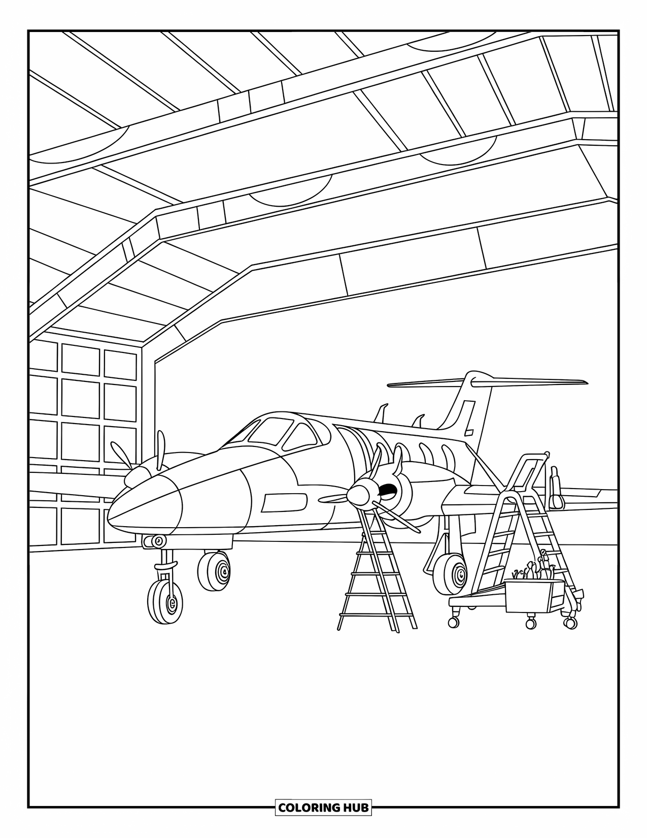 Jet Coloring Page for Kids: A jet with propellers rests in a bright hangar with tools and a ladder