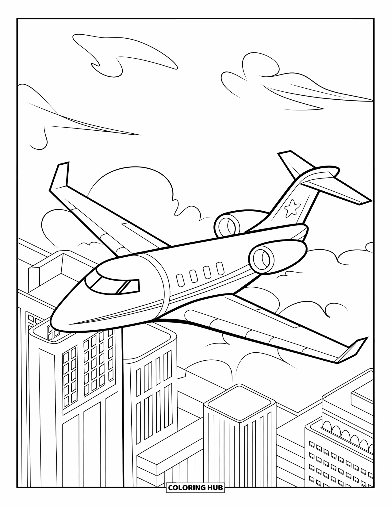 Jet Coloring Page for Kids: A private jet soars above city buildings and light clouds float nearby
