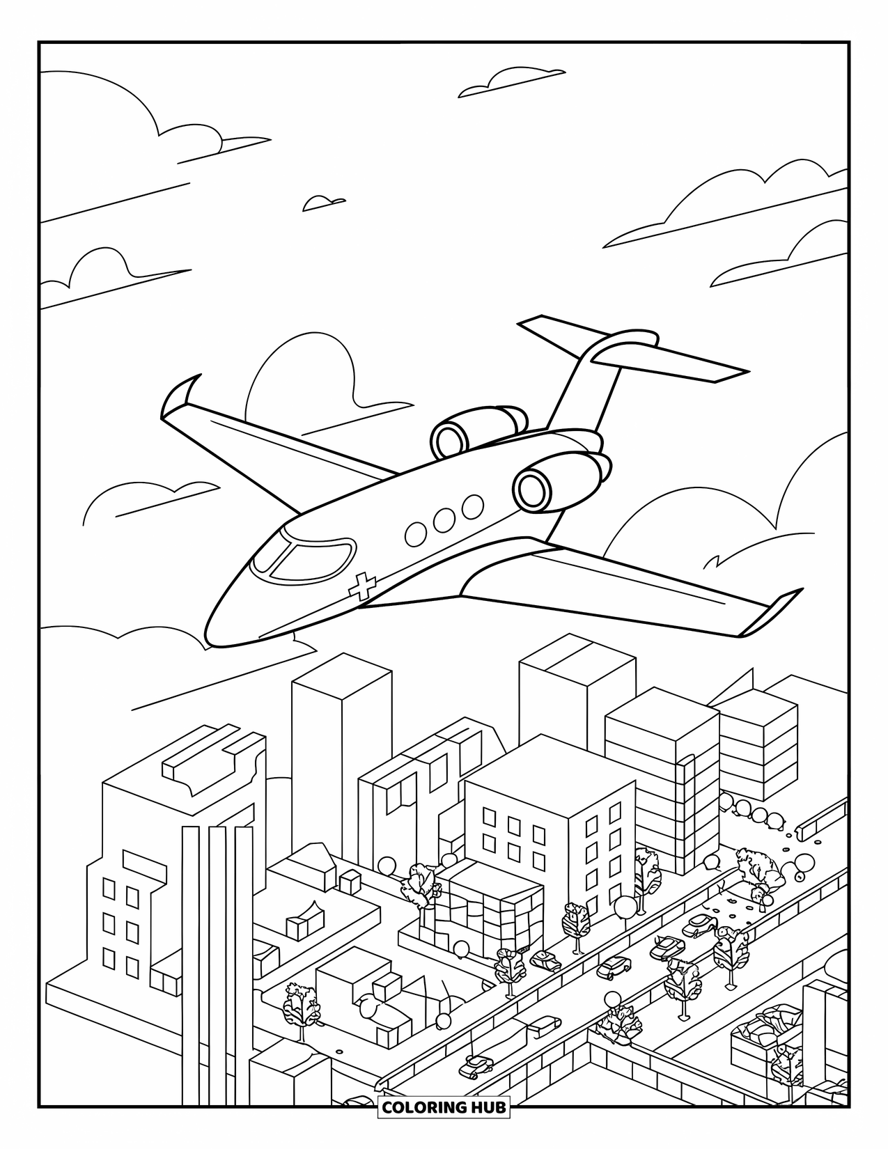 Jet Coloring Page for Kids: A private jet with a cross flies over city buildings, trees, and a bridge