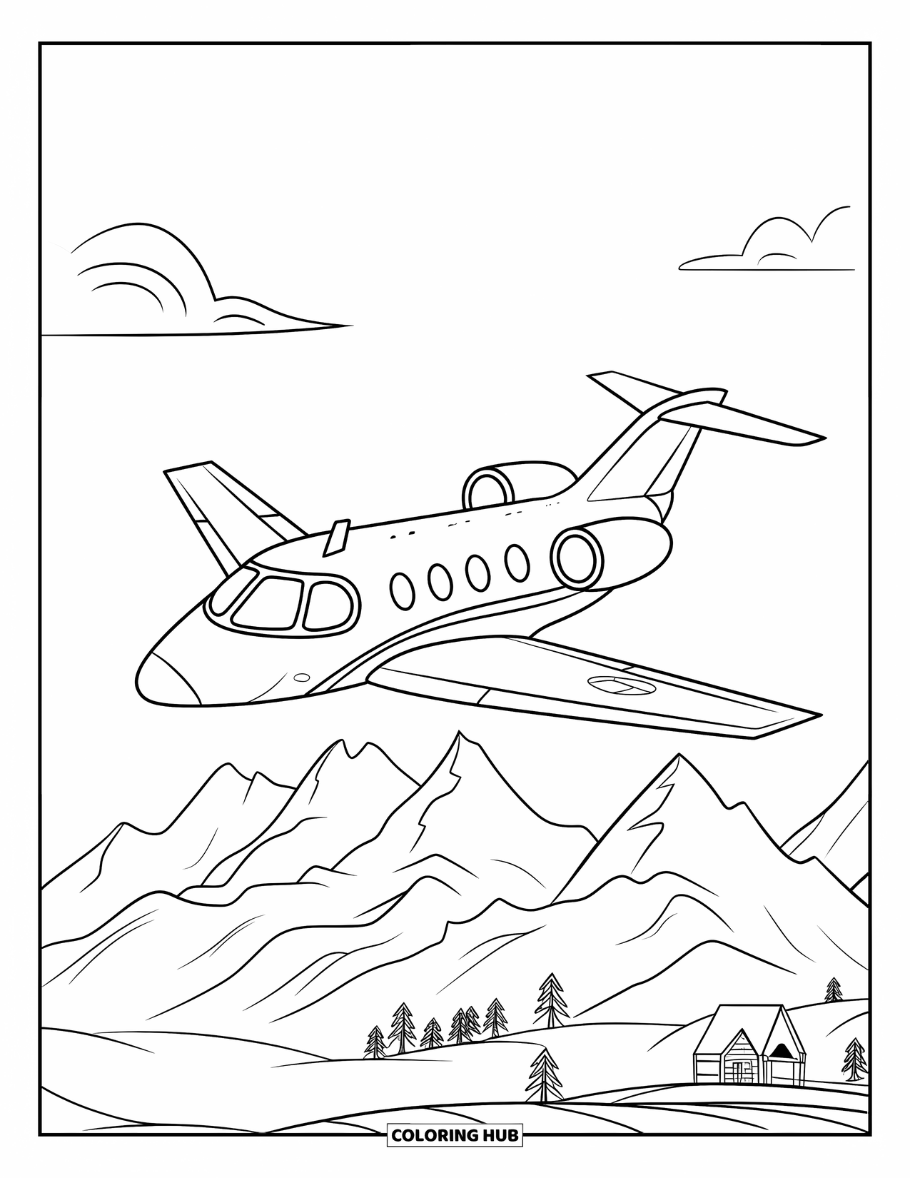 Jet Coloring Page for Kids: A simple jet with small windows flies over mountains, trees, and a tiny cabin
