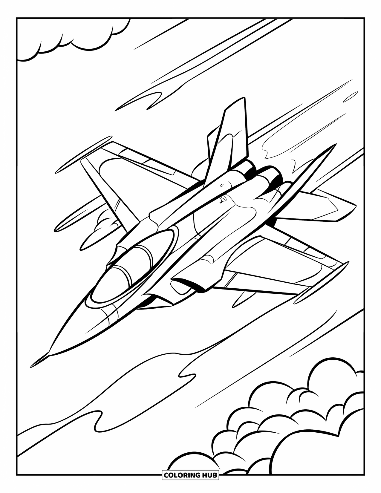 Jet Coloring Page for Kids: A sleek jet races through the sky with a sharp motion trail behind