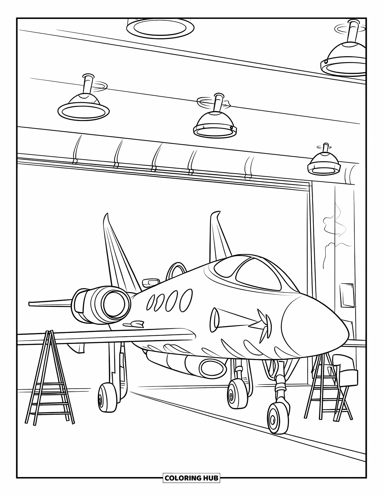 Jet Coloring Page for Kids: A sleek jet waits in a hangar with tools and a ladder beside it