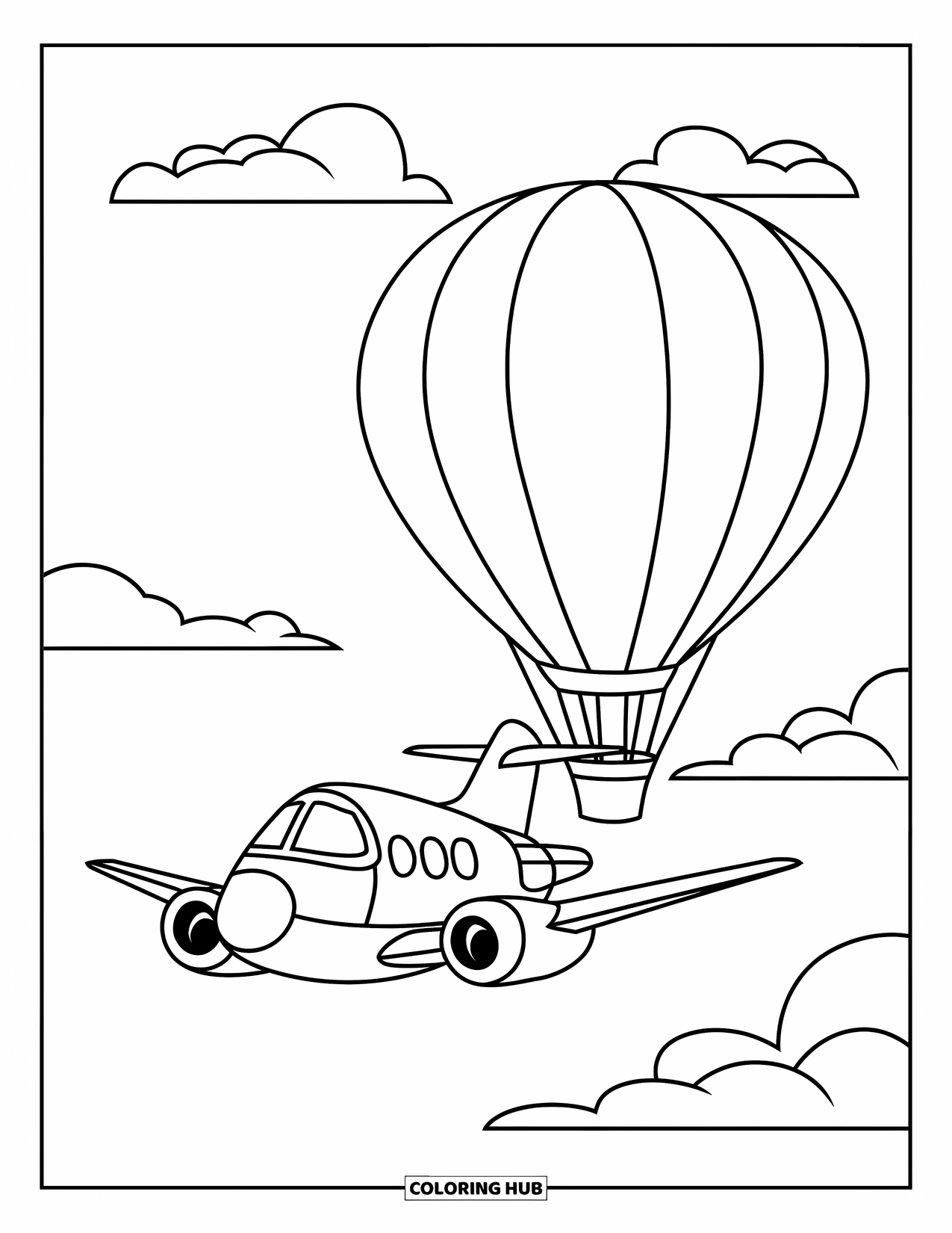 Jet Coloring Page for Kids: A small jet drifts beside a hot air balloon floating among soft clouds