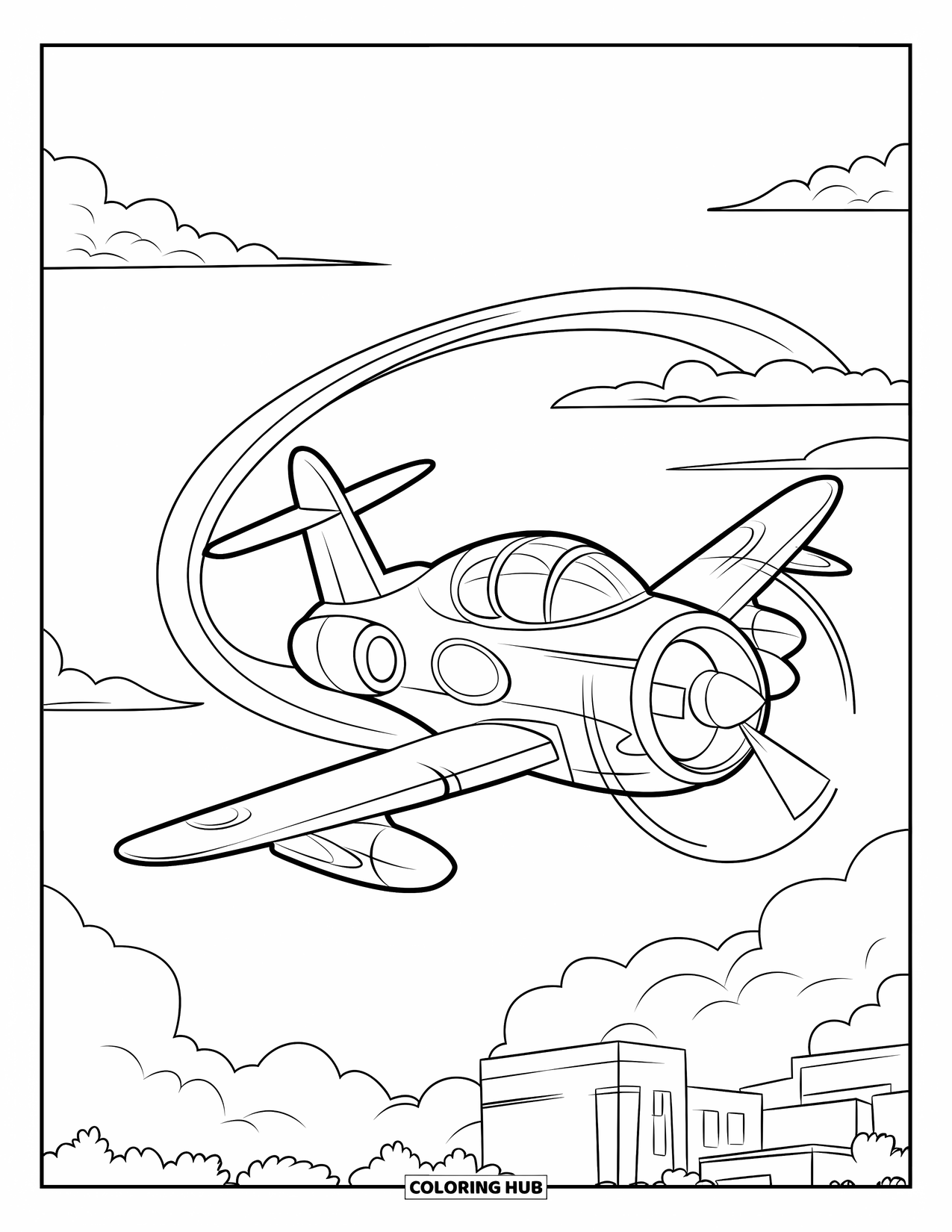Jet Coloring Page for Kids: A smiling jet with a propeller loops through clouds with trees below