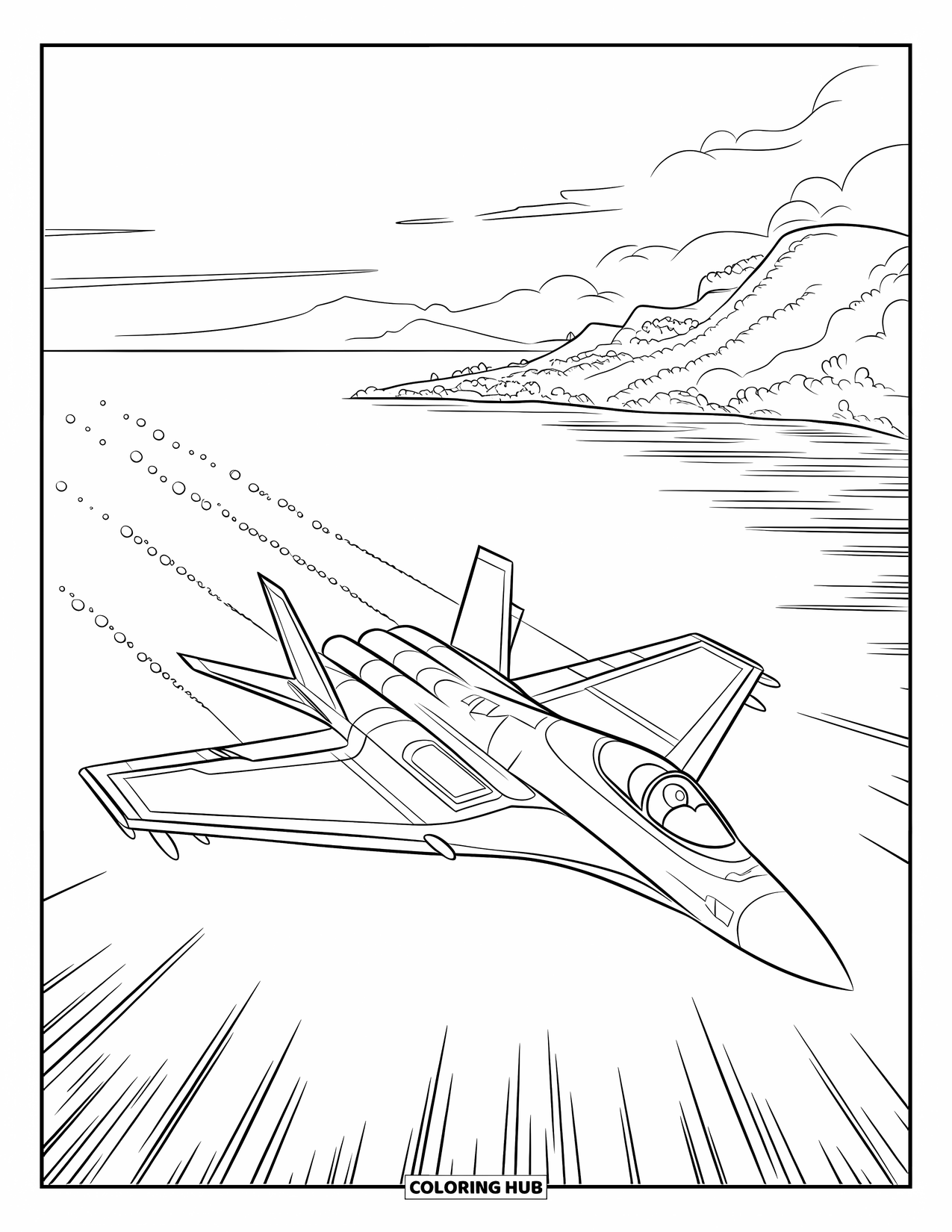 Jet Coloring Page for Kids: A stealth jet glides low over calm ocean waters toward a faraway island