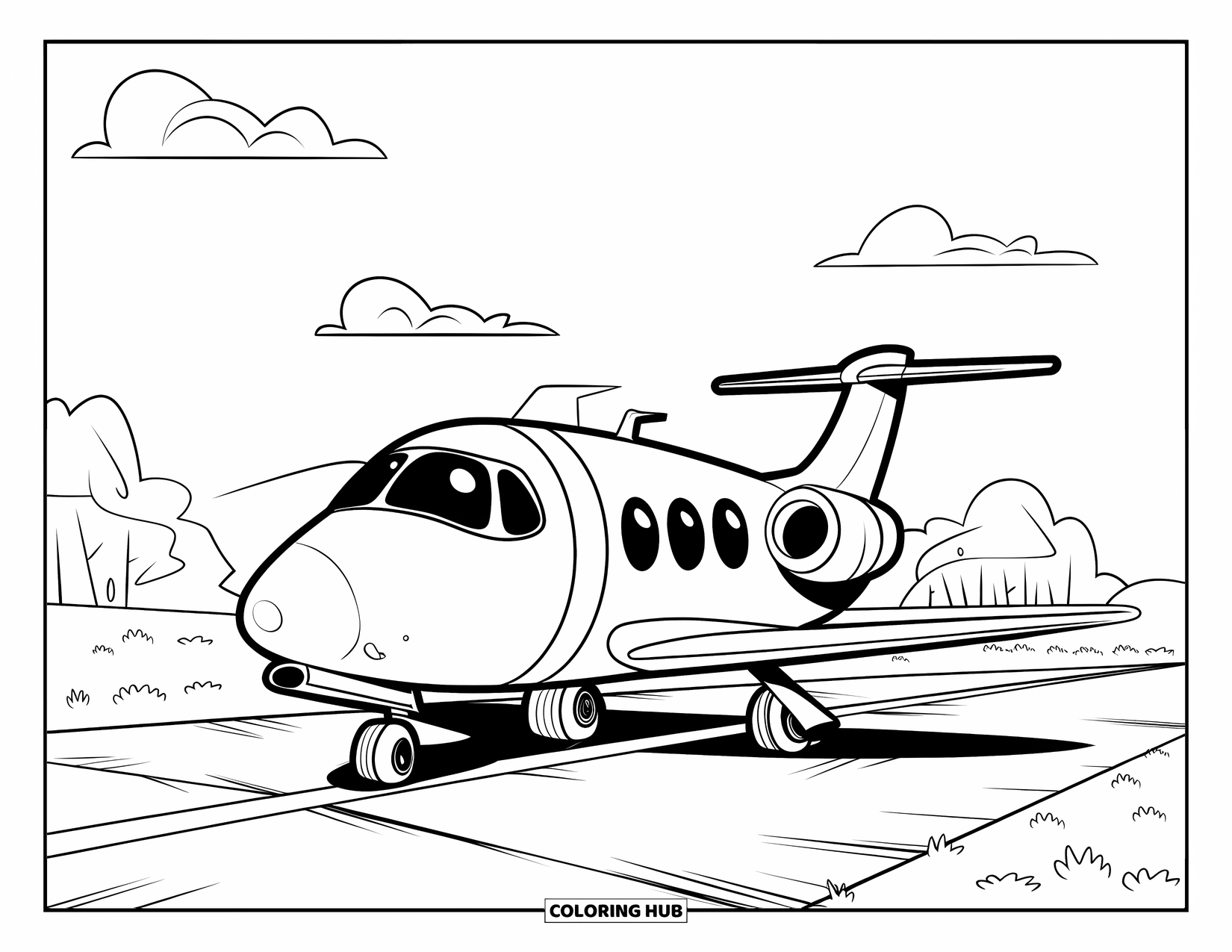 Jet Coloring Page for Kids: A sweet jet with rounded edges is parked on a runway under light clouds