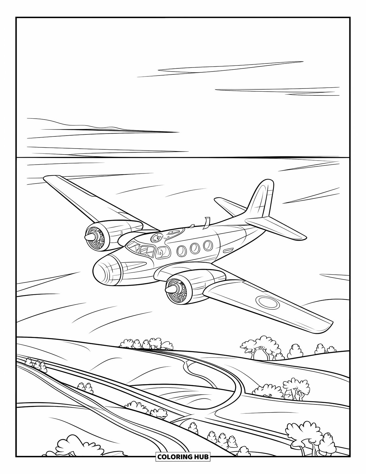 Jet Coloring Page for Kids: A vintage jet with propellers cruises over winding roads and open countryside