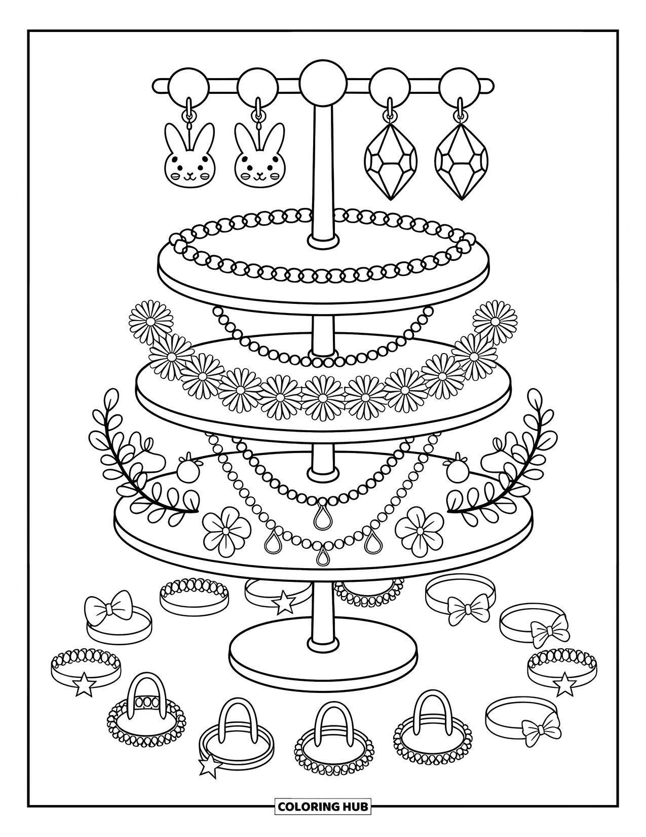 Jewelry Coloring Page for Adults: Adorable rack showcasing bunny earrings, necklaces, and tiny rings