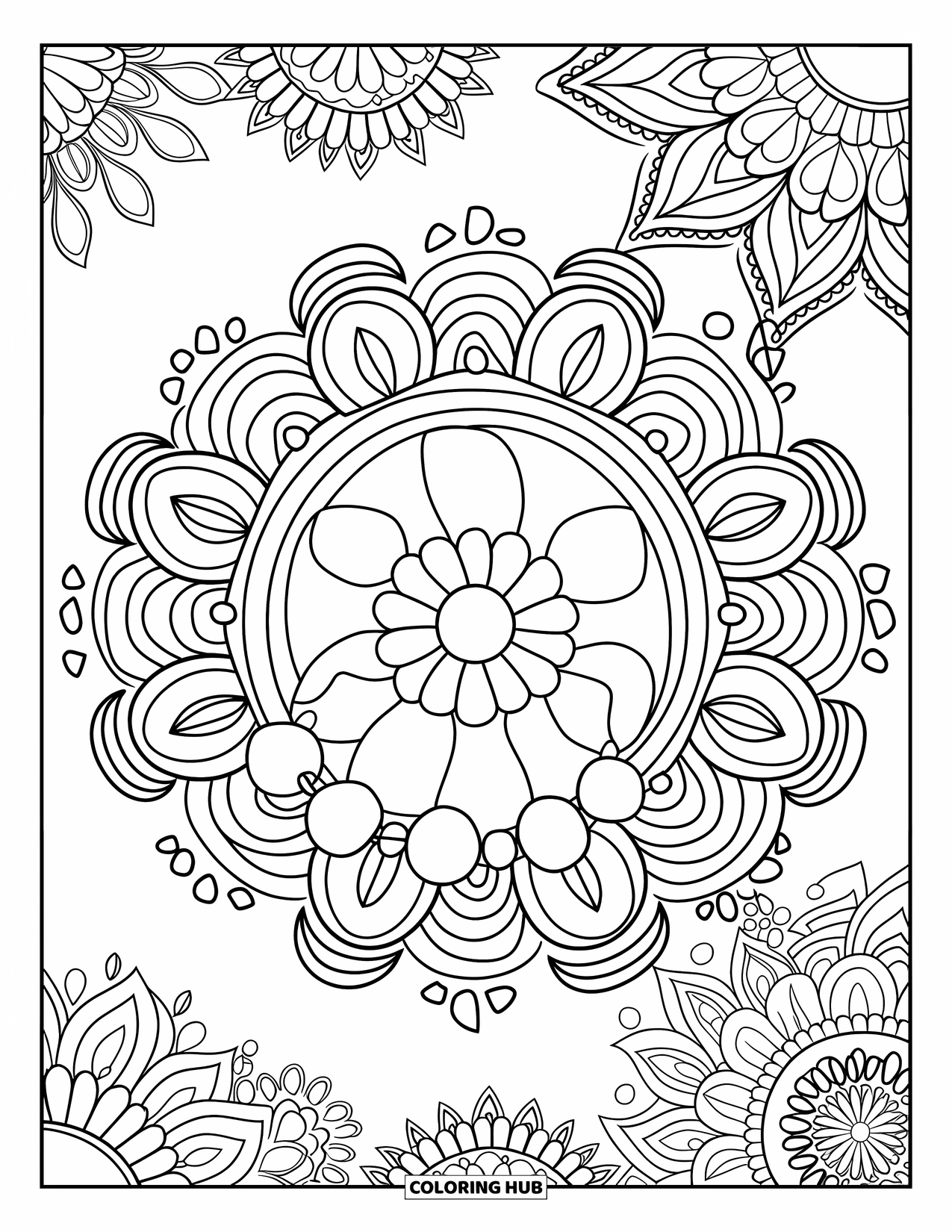 Jewelry Coloring Page for Adults: Bracelet with beads on a detailed floral mandala background