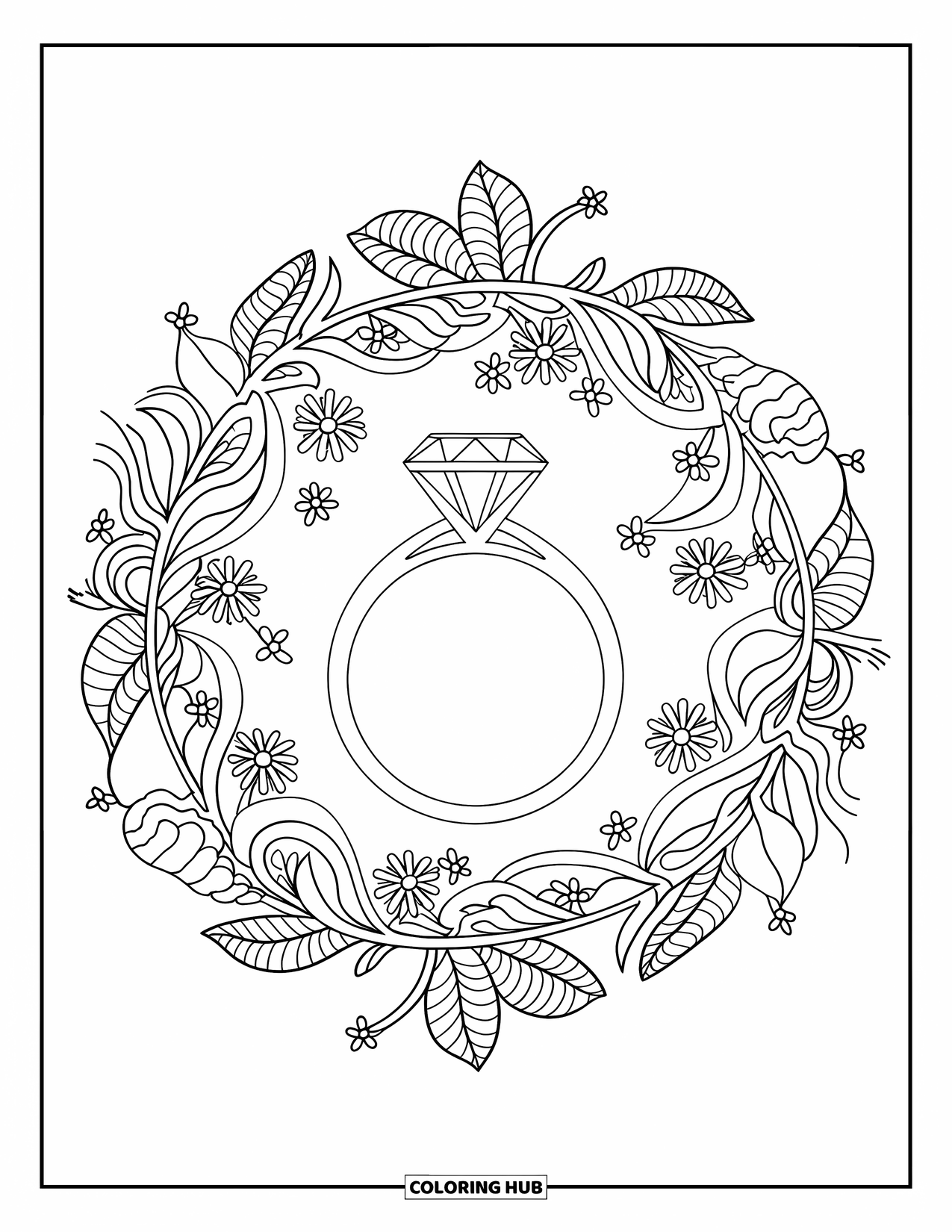 Jewelry Coloring Page for Adults: Diamond engagement ring surrounded by leafy mandala designs