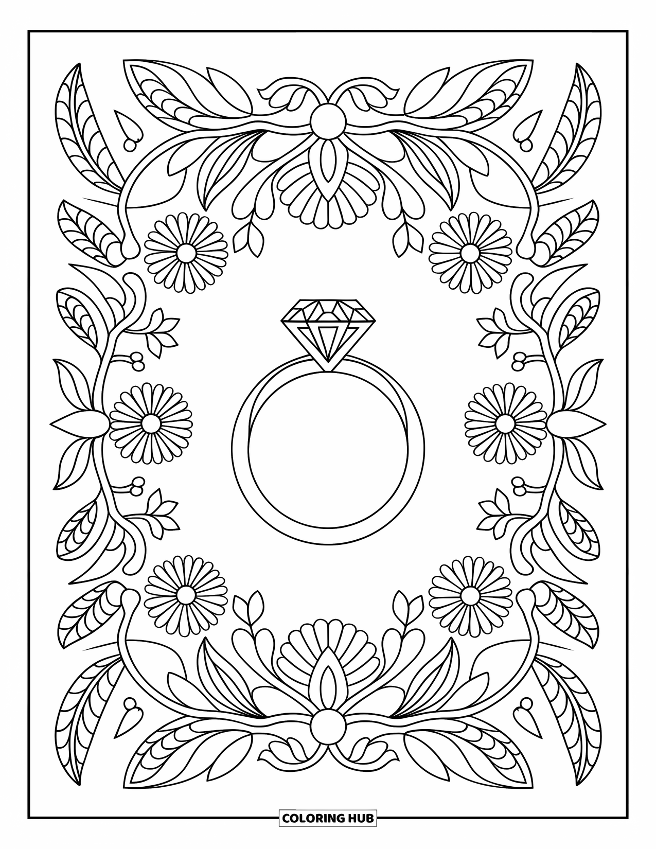 Jewelry Coloring Page for Adults: Engagement ring centered in a detailed botanical mandala