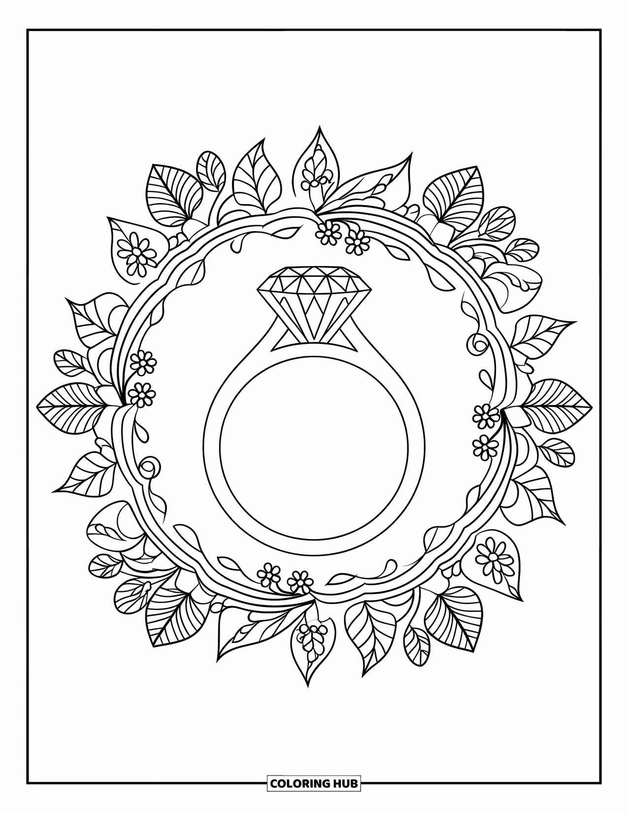 Jewelry Coloring Page for Adults: Engagement ring framed by a botanical mandala border