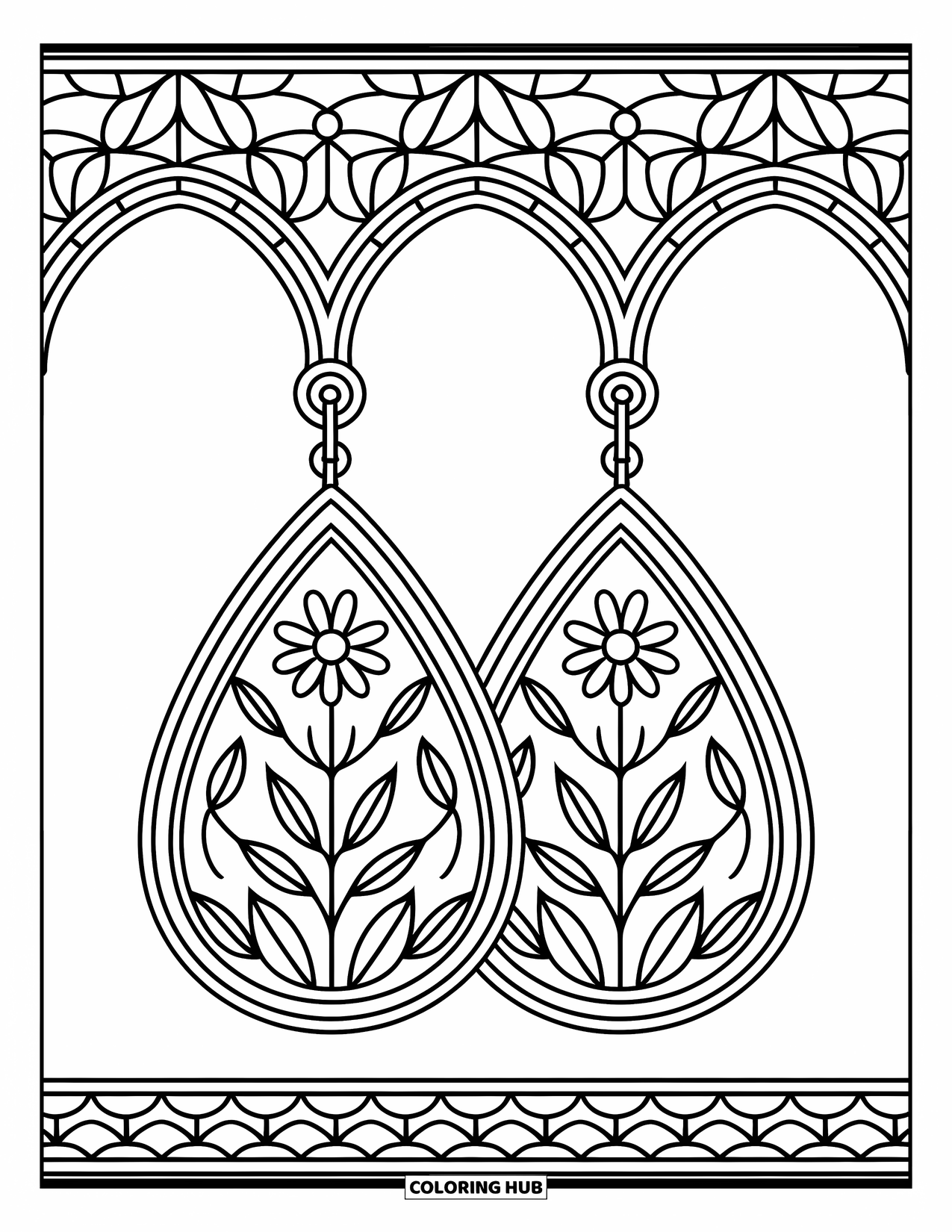 Jewelry Coloring Page for Adults: Floral teardrop earring surrounded by stained glass arches