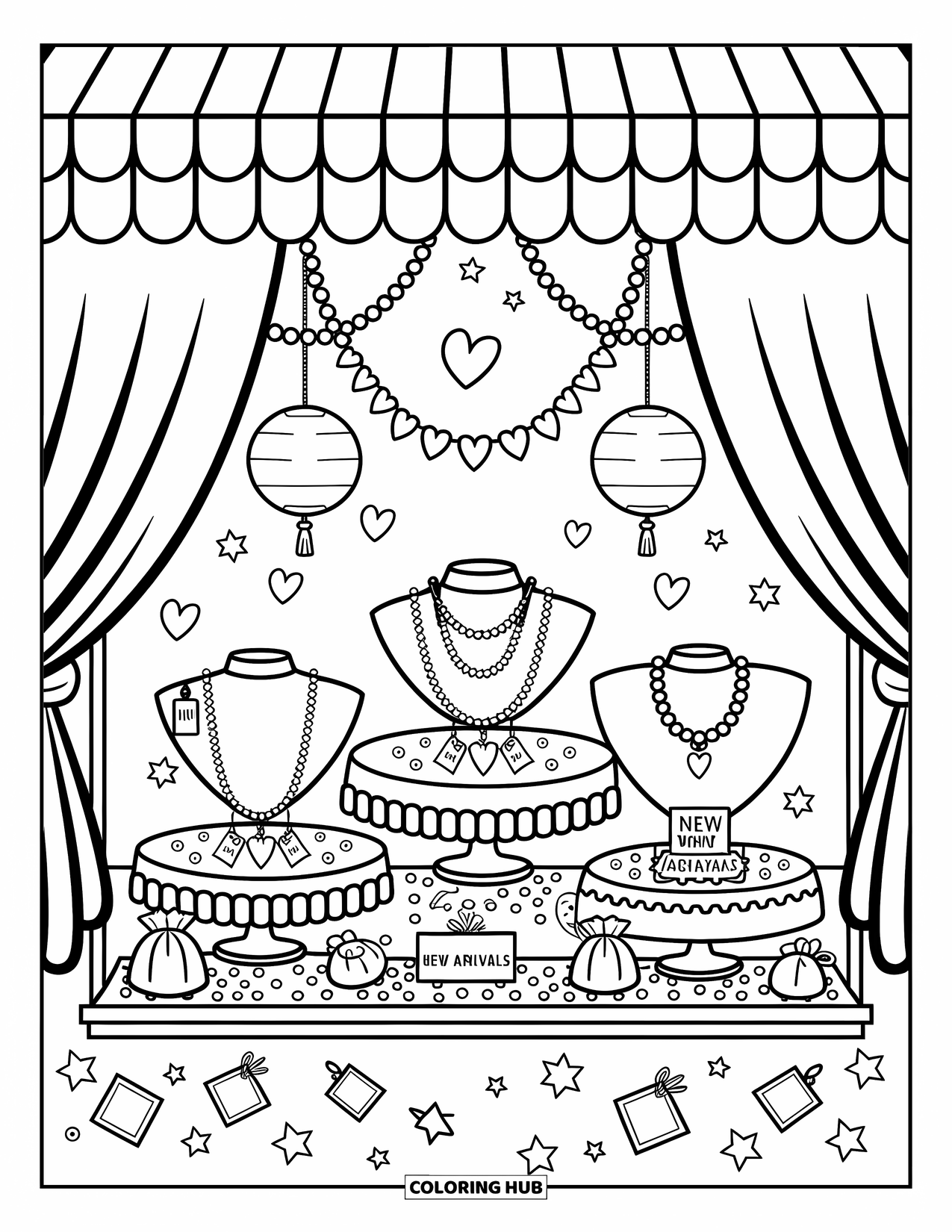 Jewelry Coloring Page for Adults: Necklaces and earrings displayed in a shop window with lanterns