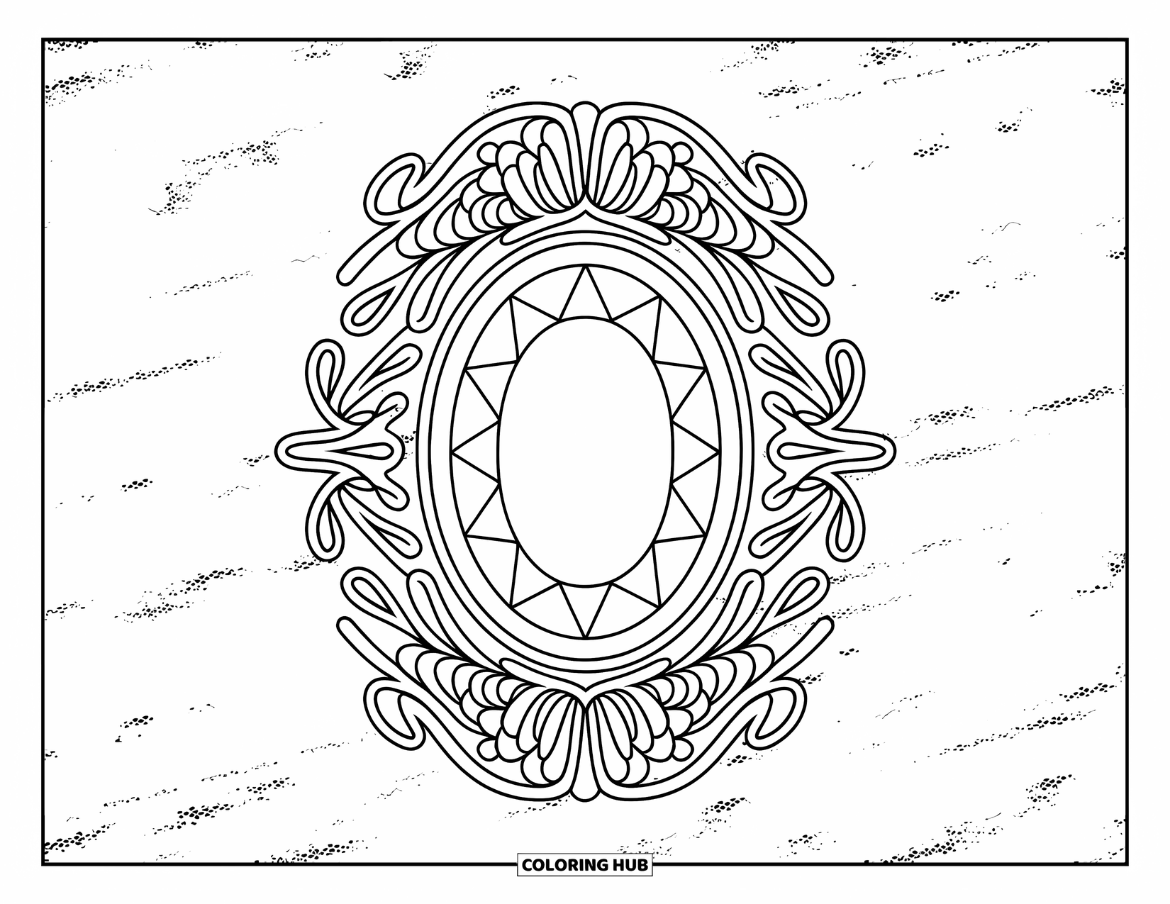 Jewelry Coloring Page for Adults: Oval gemstone ring framed with vines and florals on a textured background