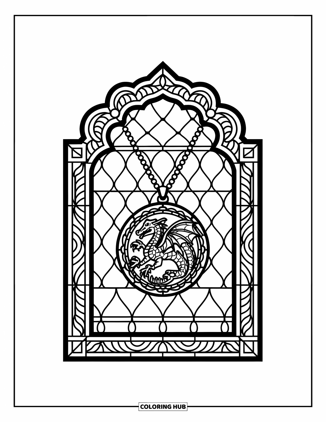 Jewelry Coloring Page for Adults: Pendant necklace with dragon design framed in stained glass
