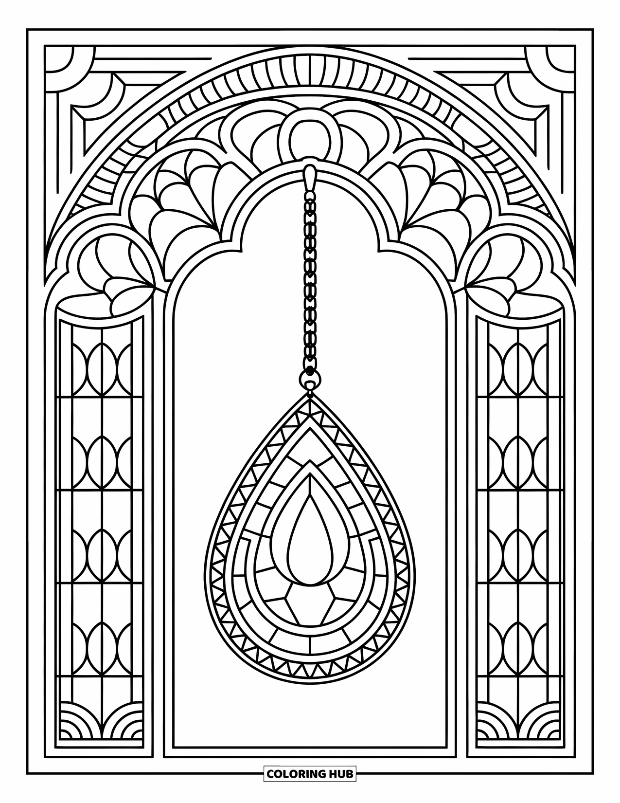 Jewelry Coloring Page for Adults: Teardrop earring framed with stained glass arches and patterns
