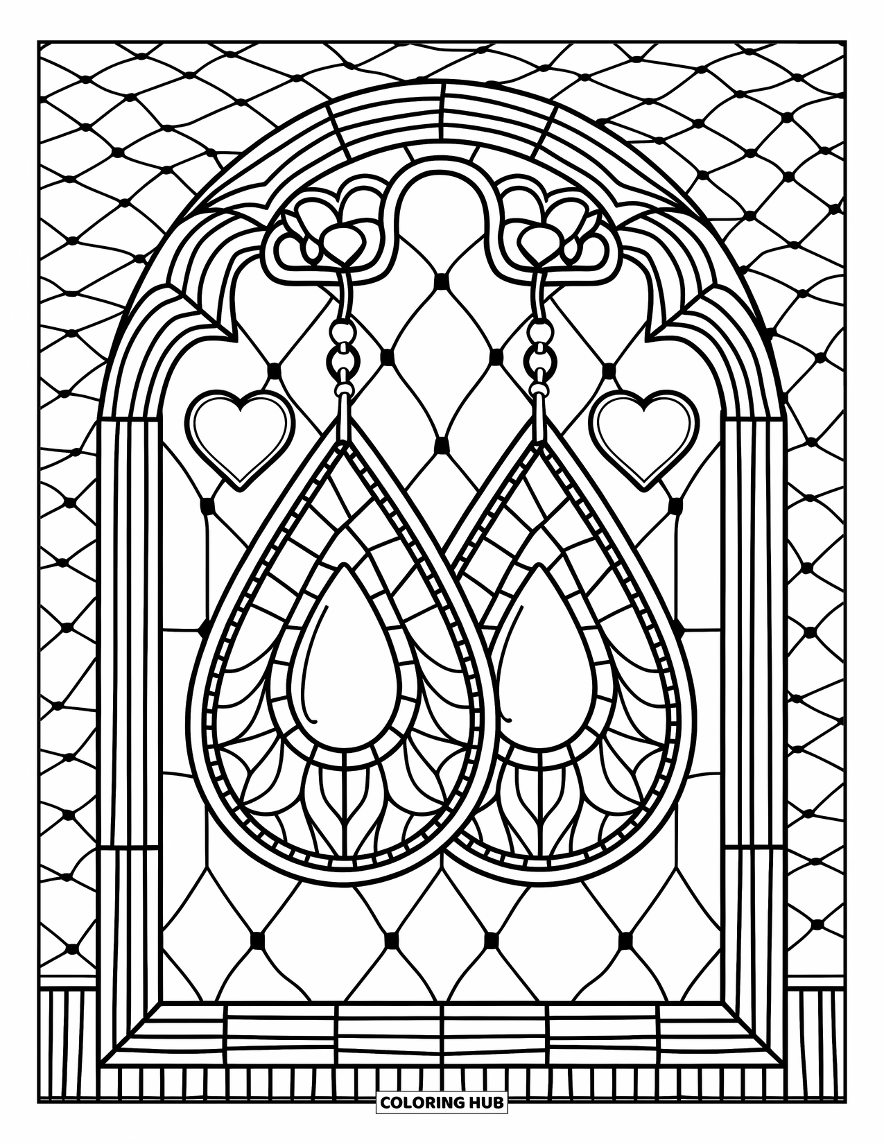 Jewelry Coloring Page for Adults: Teardrop earring with a heart pendant framed by stained glass
