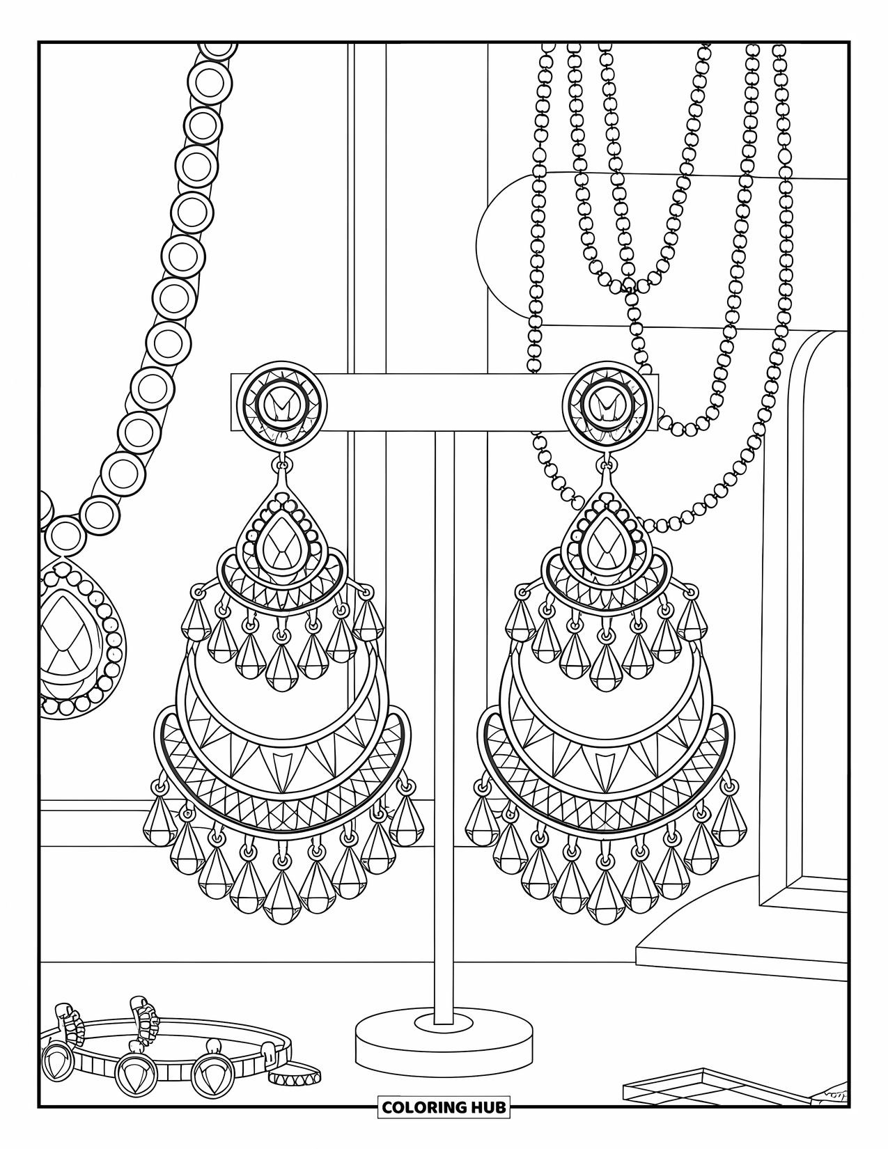 Jewelry Coloring Page for Kids: Chandelier earrings with crystals displayed on a jewelry stand