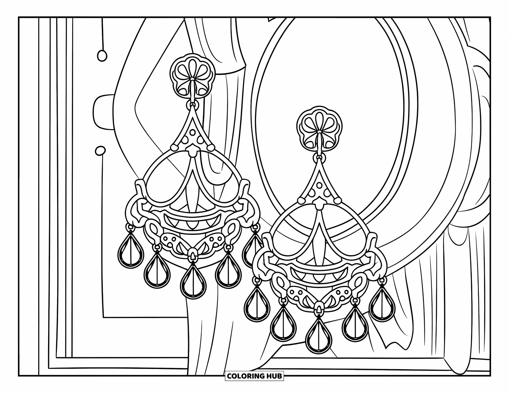 Jewelry Coloring Page for Kids: Chandelier earrings with intricate designs resting beside a mirror