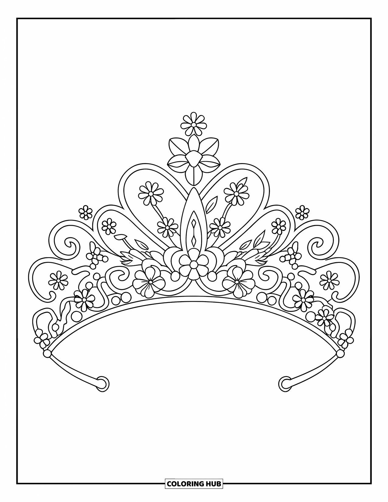 Jewelry Coloring Page for Kids: Delicate tiara with floral scrollwork and curved design