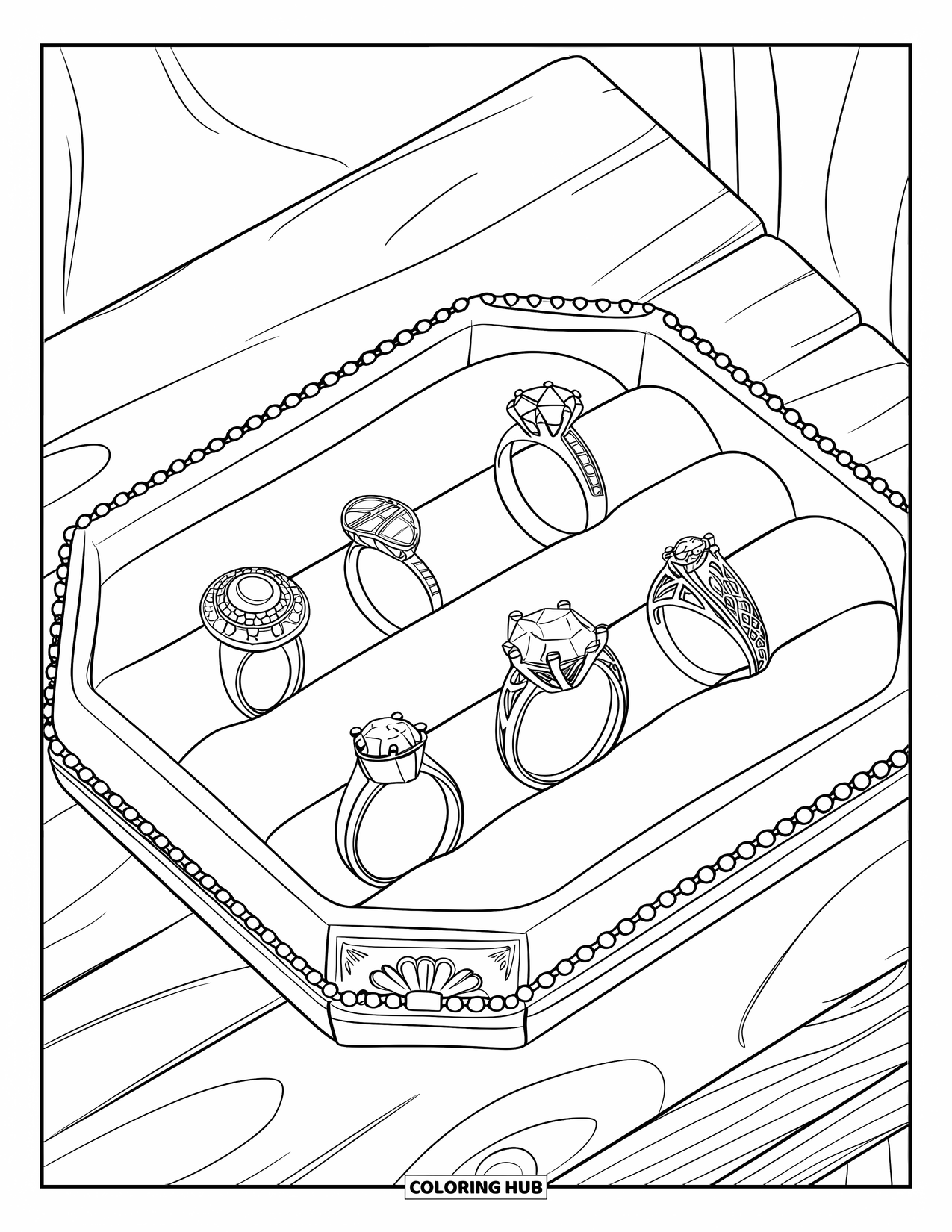 Jewelry Coloring Page for Kids: Diamond ring and gemstone collection displayed in a velvet tray