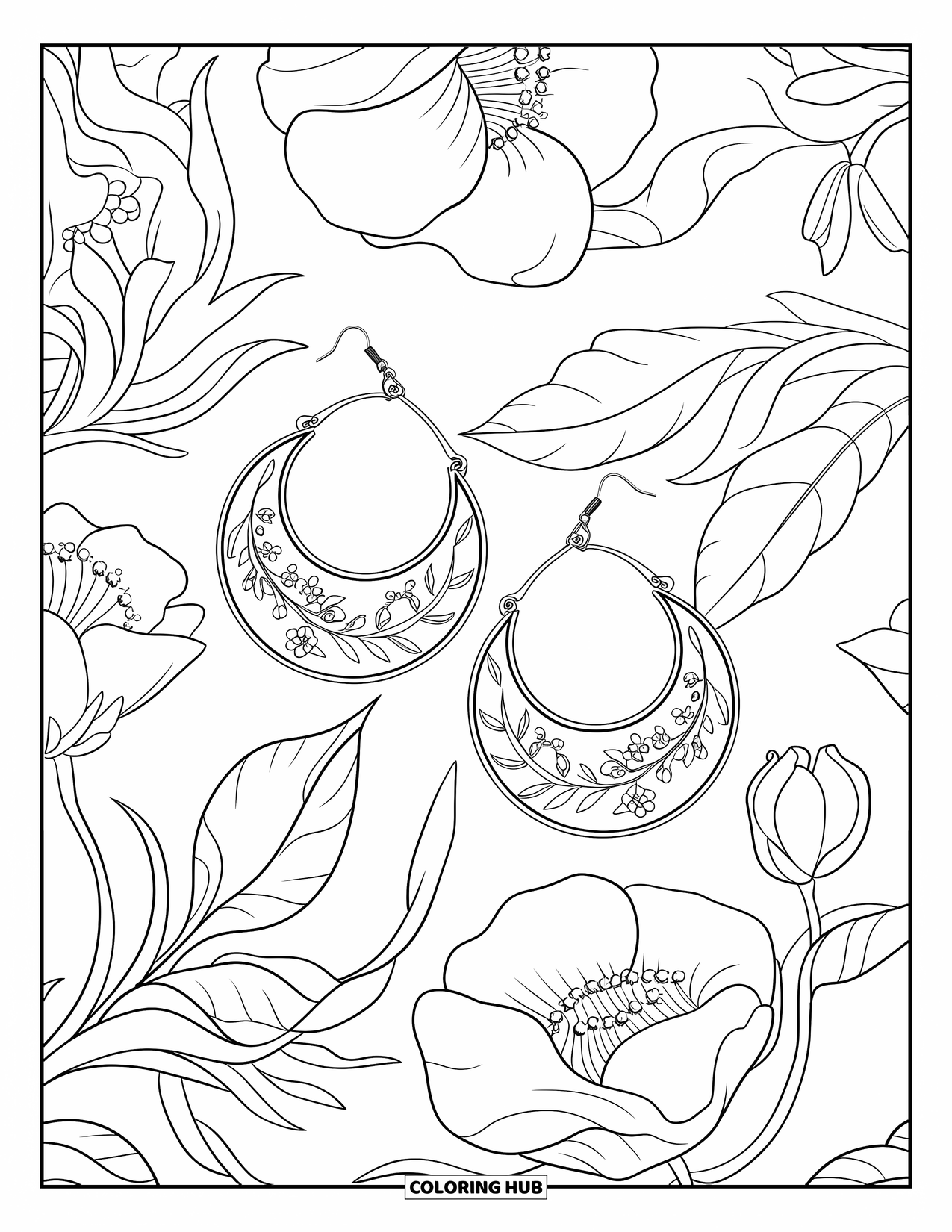 Jewelry Coloring Page for Kids: Floral hoop earrings resting on fabric with large flowers
