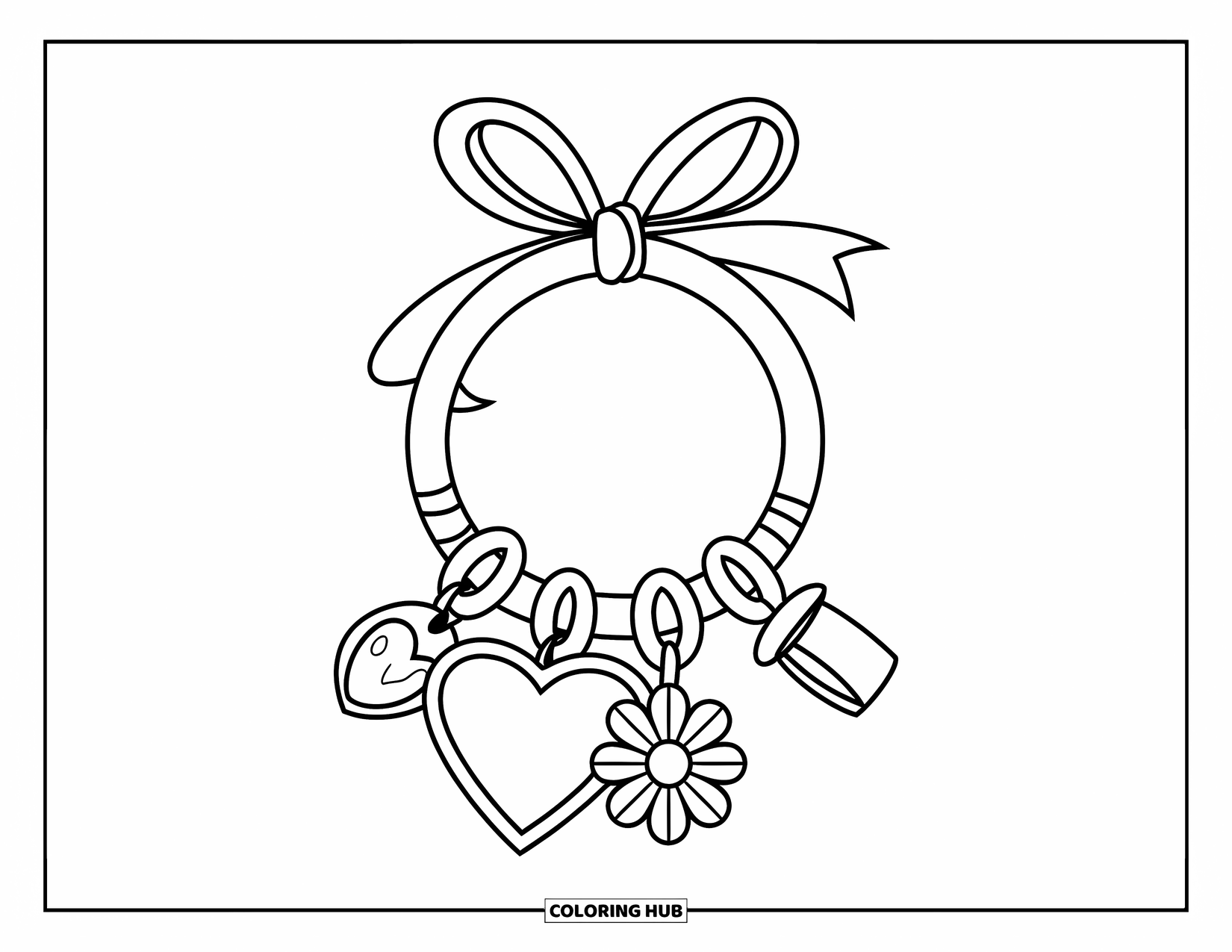 Jewelry Coloring Page for Kids: Heart and flower charm bracelet hanging from a ribbon