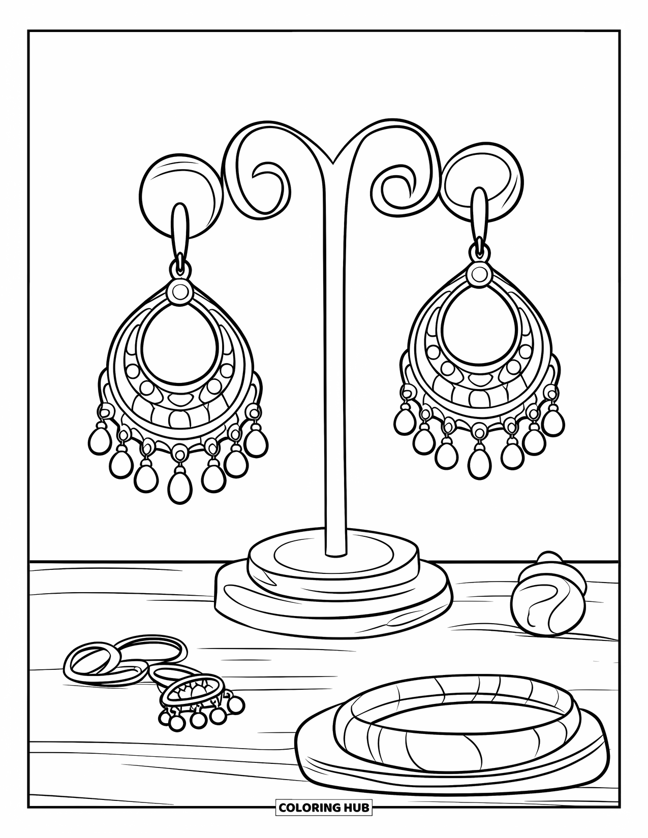Jewelry Coloring Page for Kids: Jewelry stand with chandelier earrings and other accessories