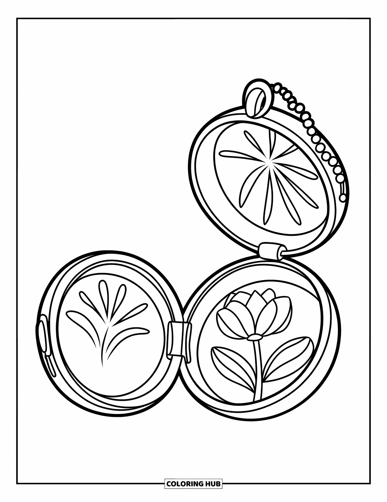 Jewelry Coloring Page for Kids: Locket with flower detail hanging from a chain