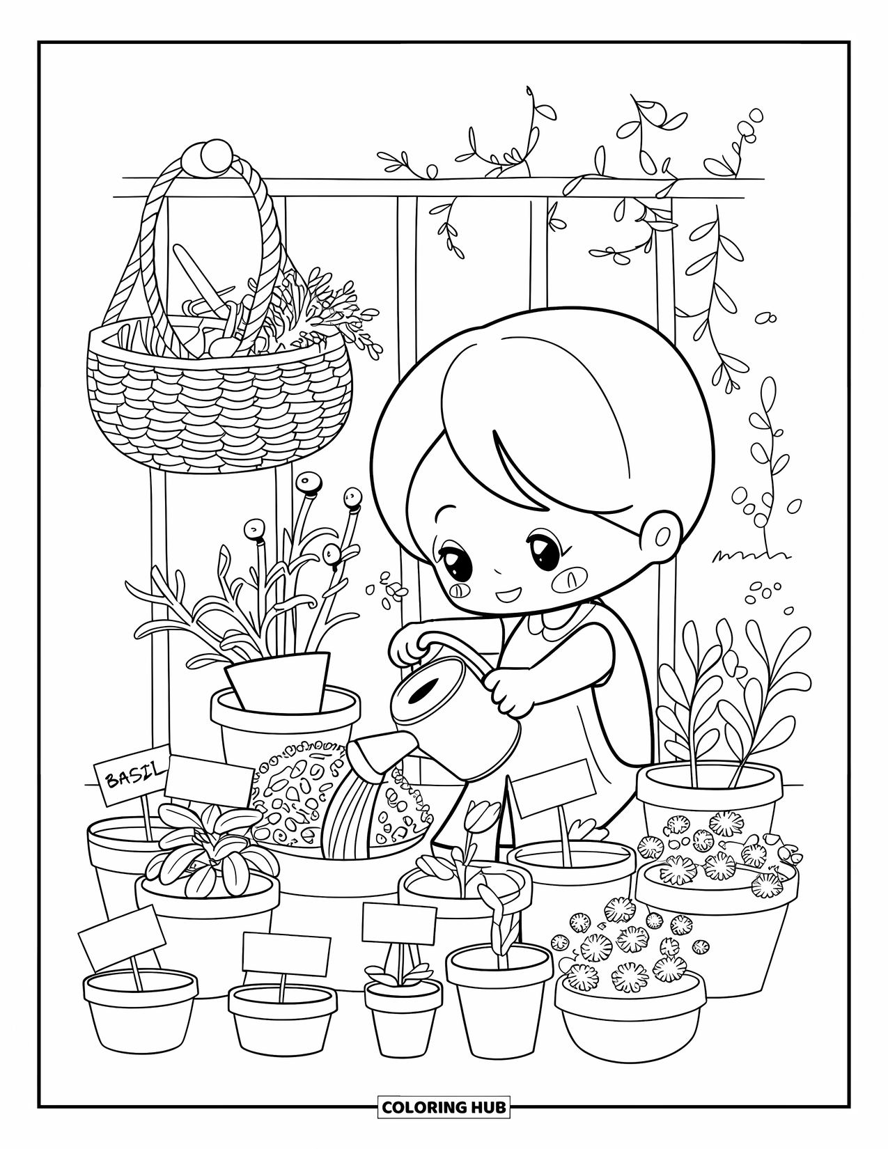 July Coloring Page for Adults: Chibi child waters balcony garden with tiny pots labeled "basil" and "July bloom"