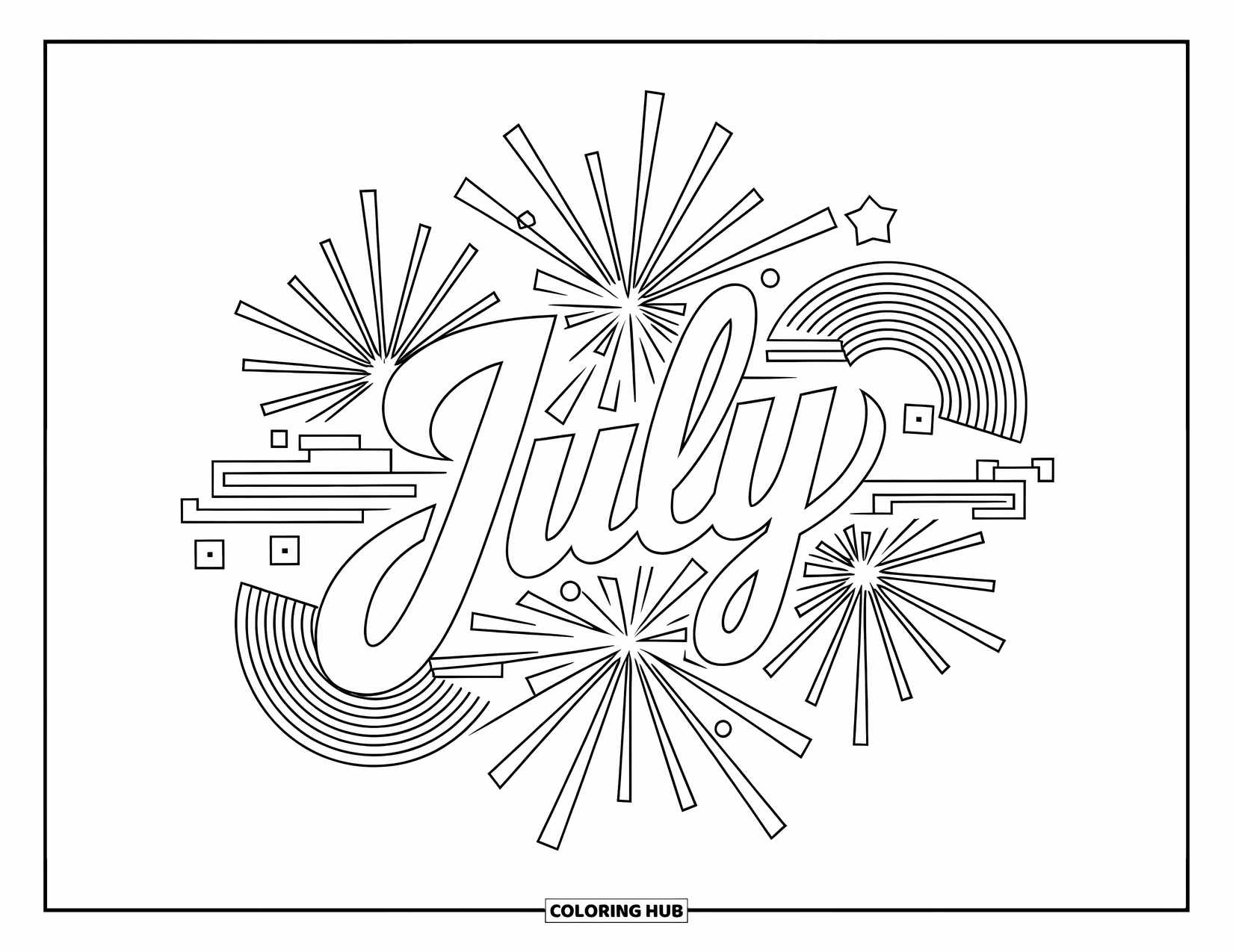 July Coloring Page for Adults: Cursive "July" at center with fireworks, stars, and shapes radiating outward
