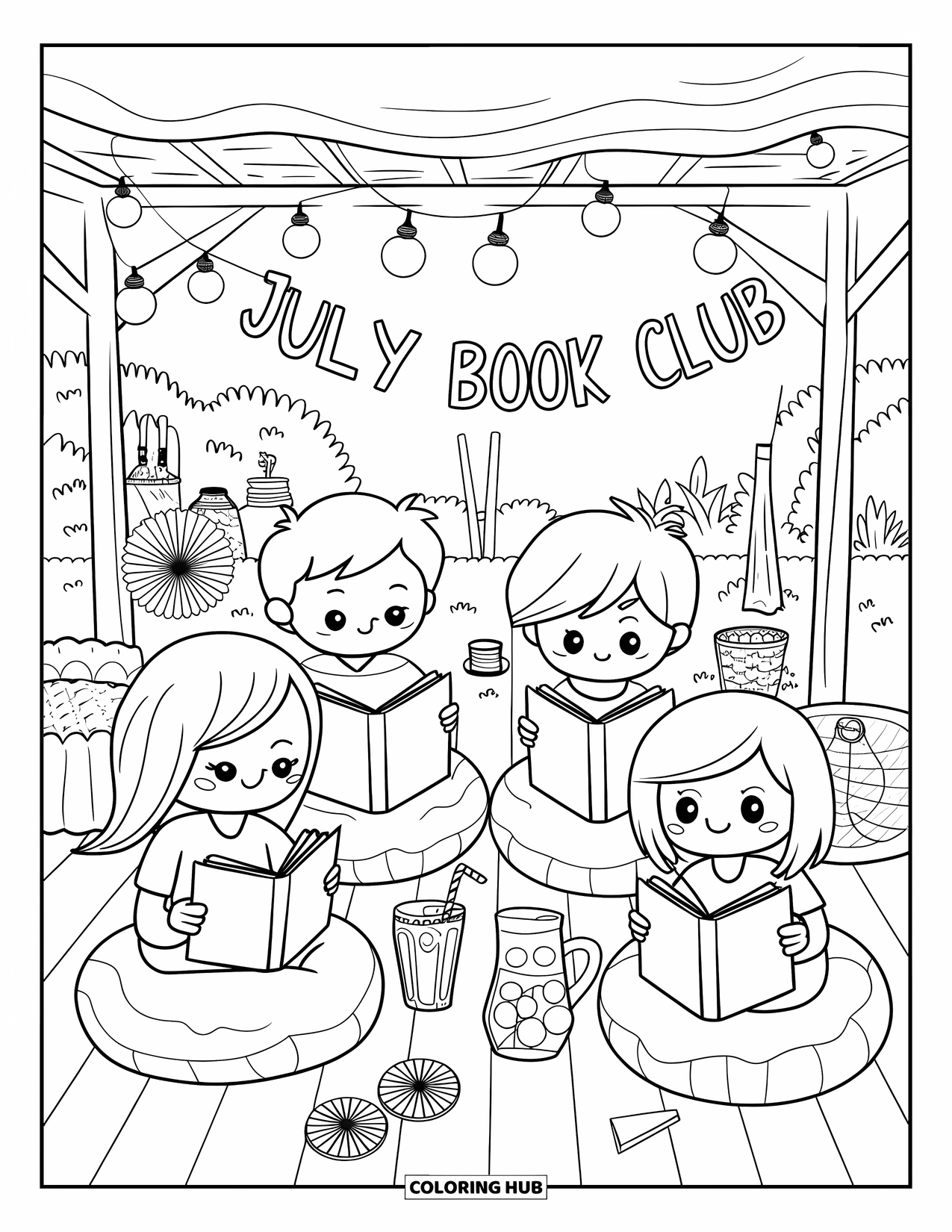 July Coloring Page for Adults: Four kids enjoy books under a canopy with lights, garland, and backyard greenery