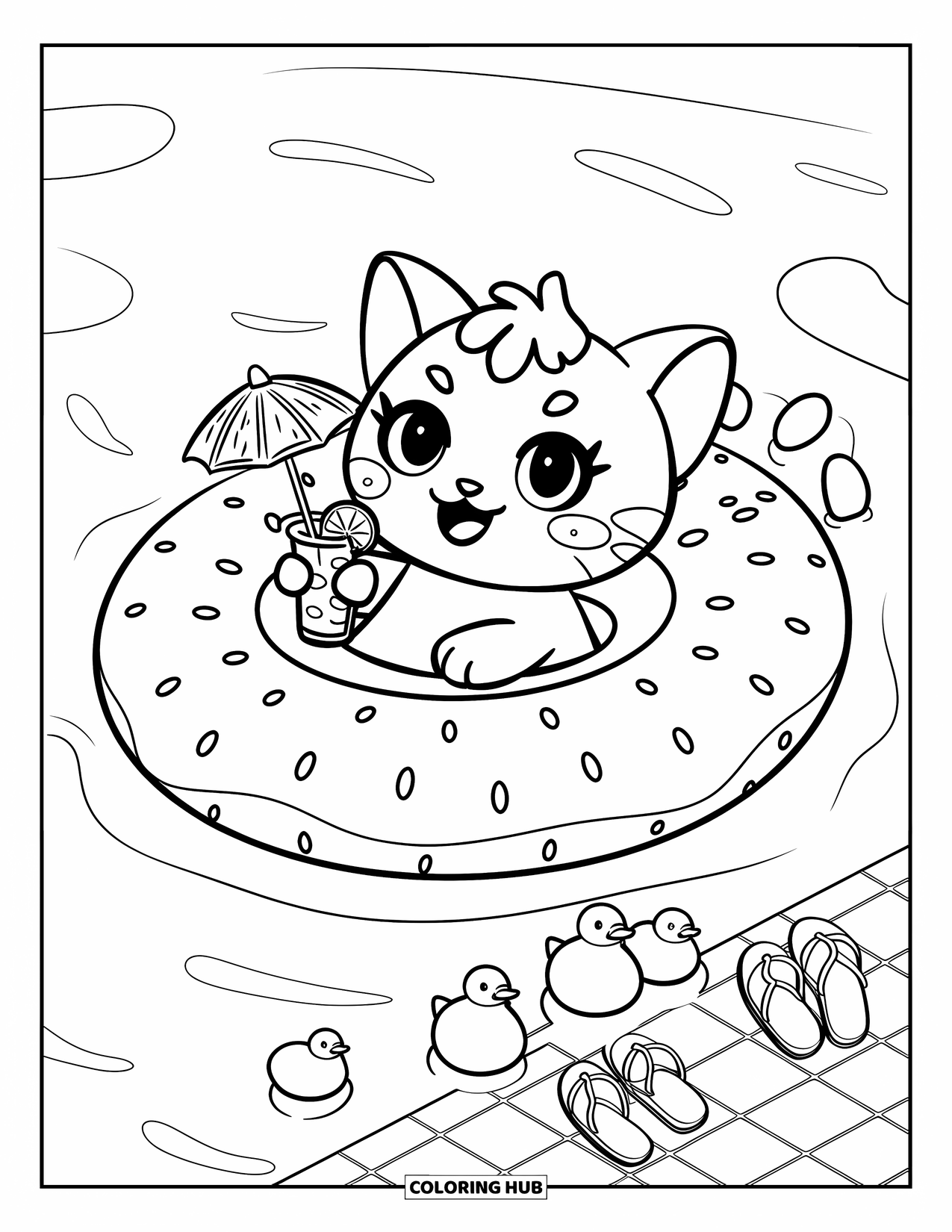 July Coloring Page for Adults: Kitten with mini drink relaxes on strawberry float with ducklings and poolside flip-flops