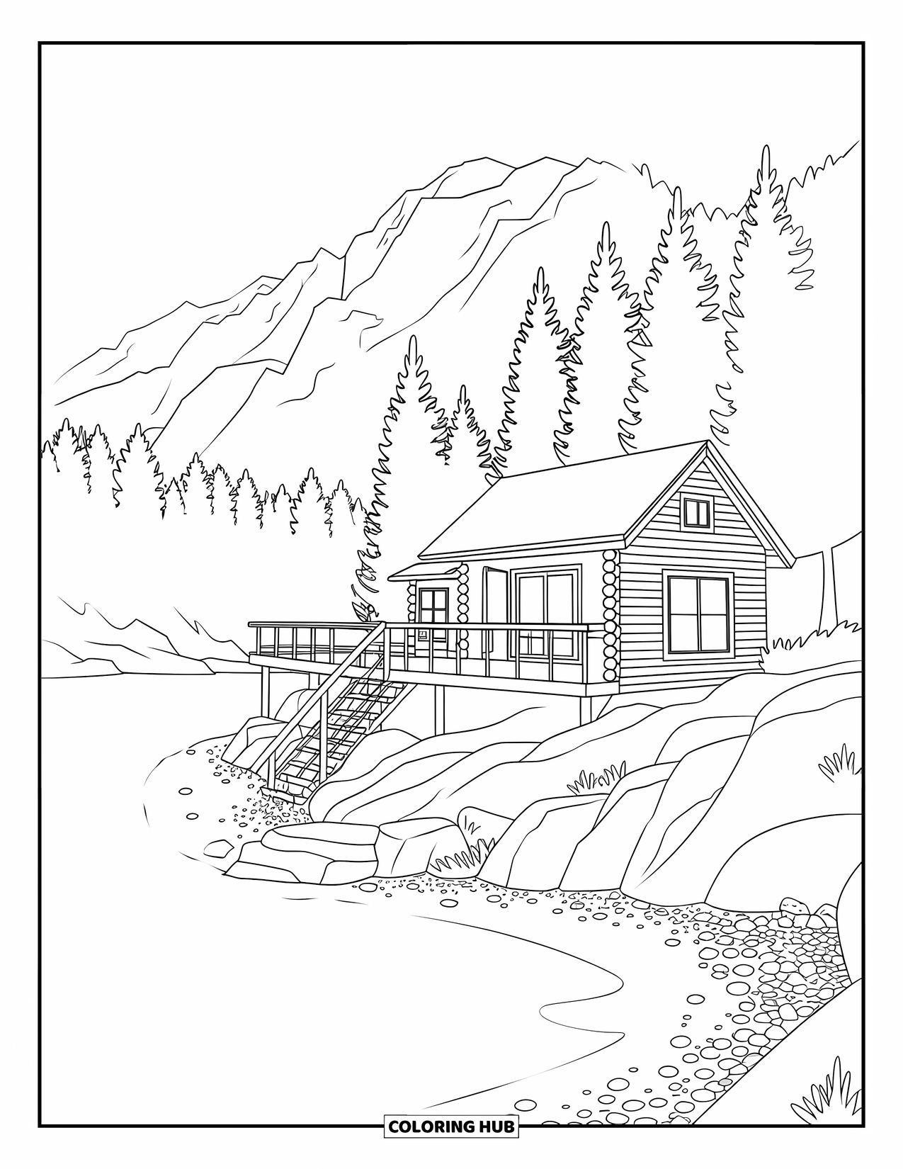 July Coloring Page for Adults: Lakeside cabin with deck, ladder, rocky ground, pine trees, and distant mountains