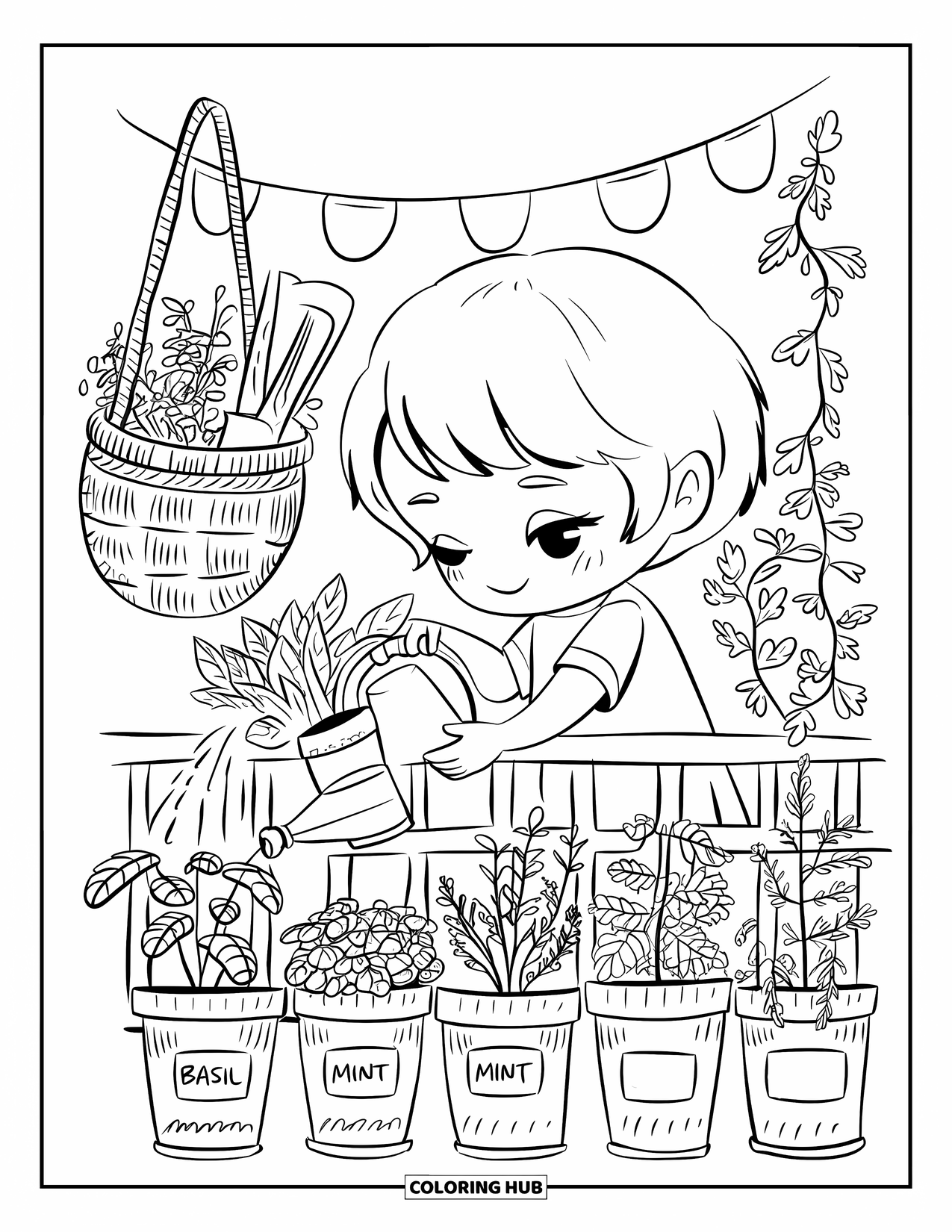 July Coloring Page for Adults: Little child waters tiny balcony garden with pots named "basil," "mint," and "July bloom"