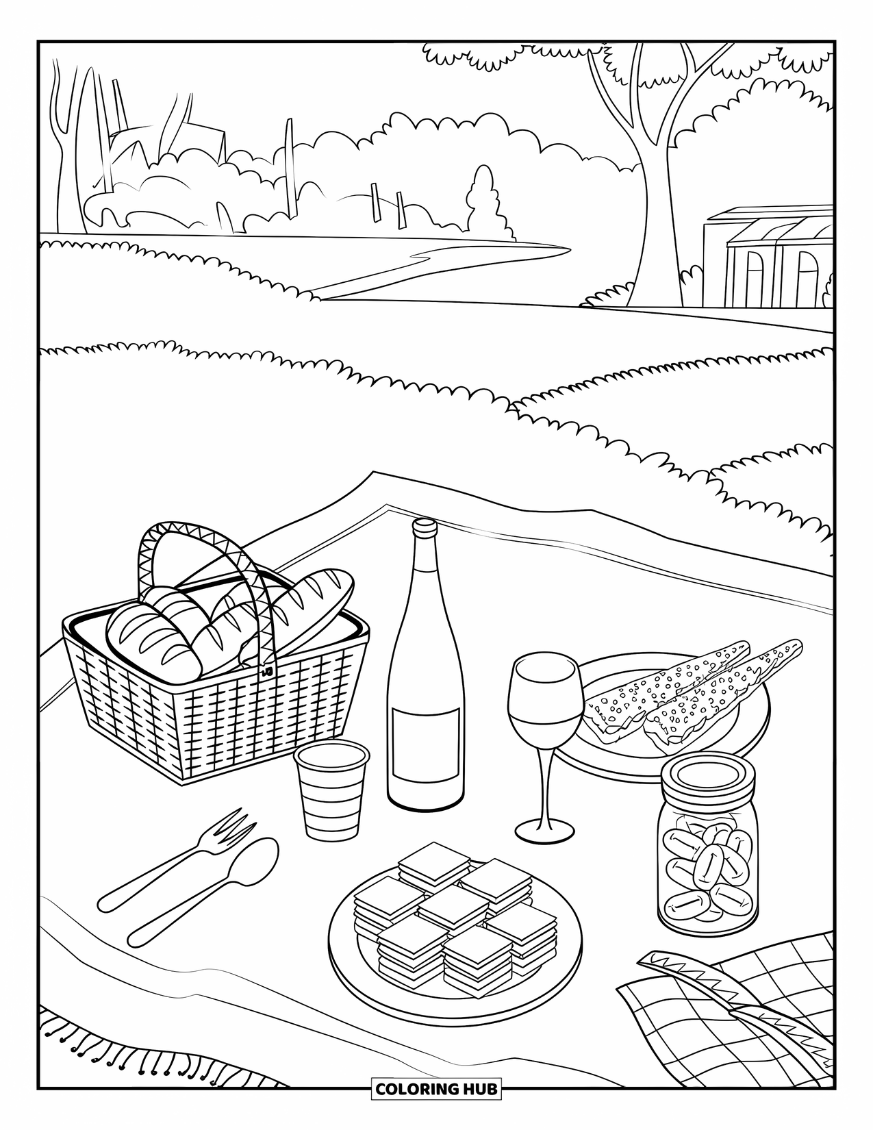 July Coloring Page for Adults: Picnic from above with basket, bread, sandwiches, wine, cup, blanket, trees, and water