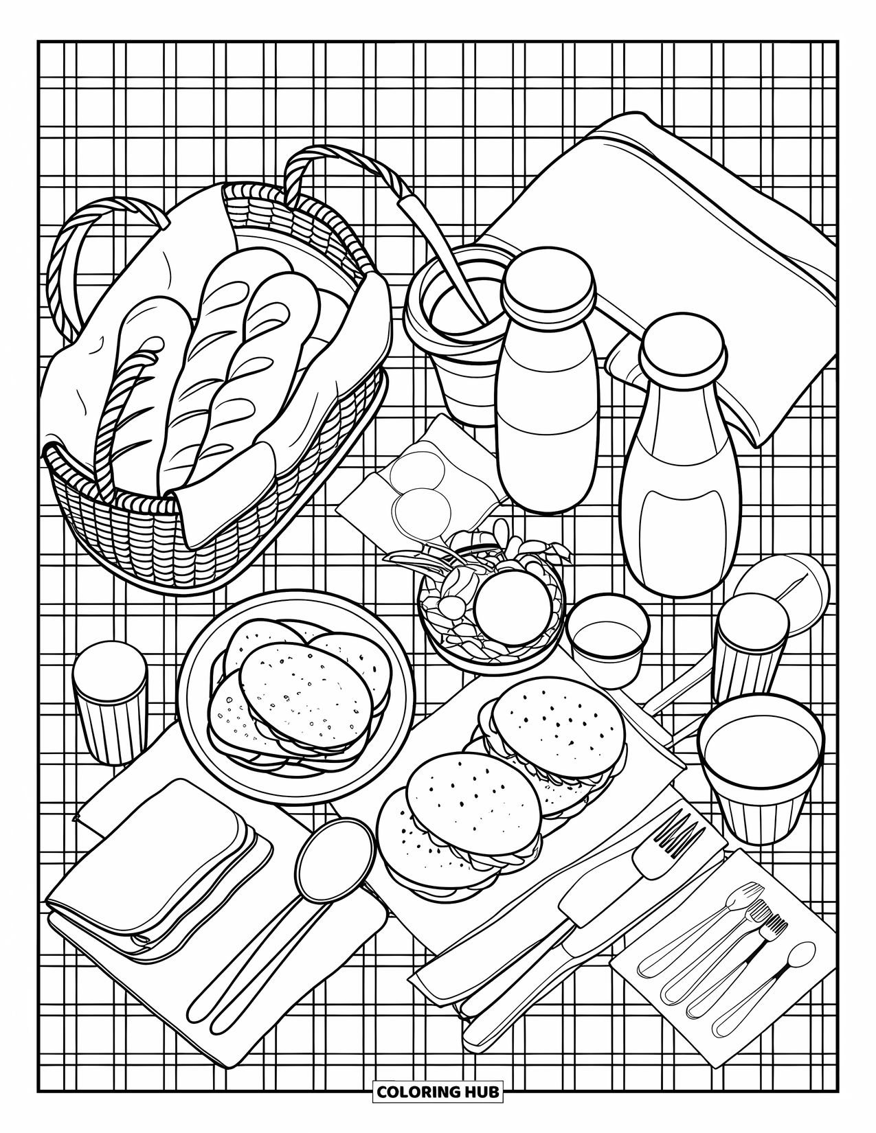 July Coloring Page for Adults: Top view of picnic with basket, bread, sandwiches, jar, bottle, cup, and checked cloth