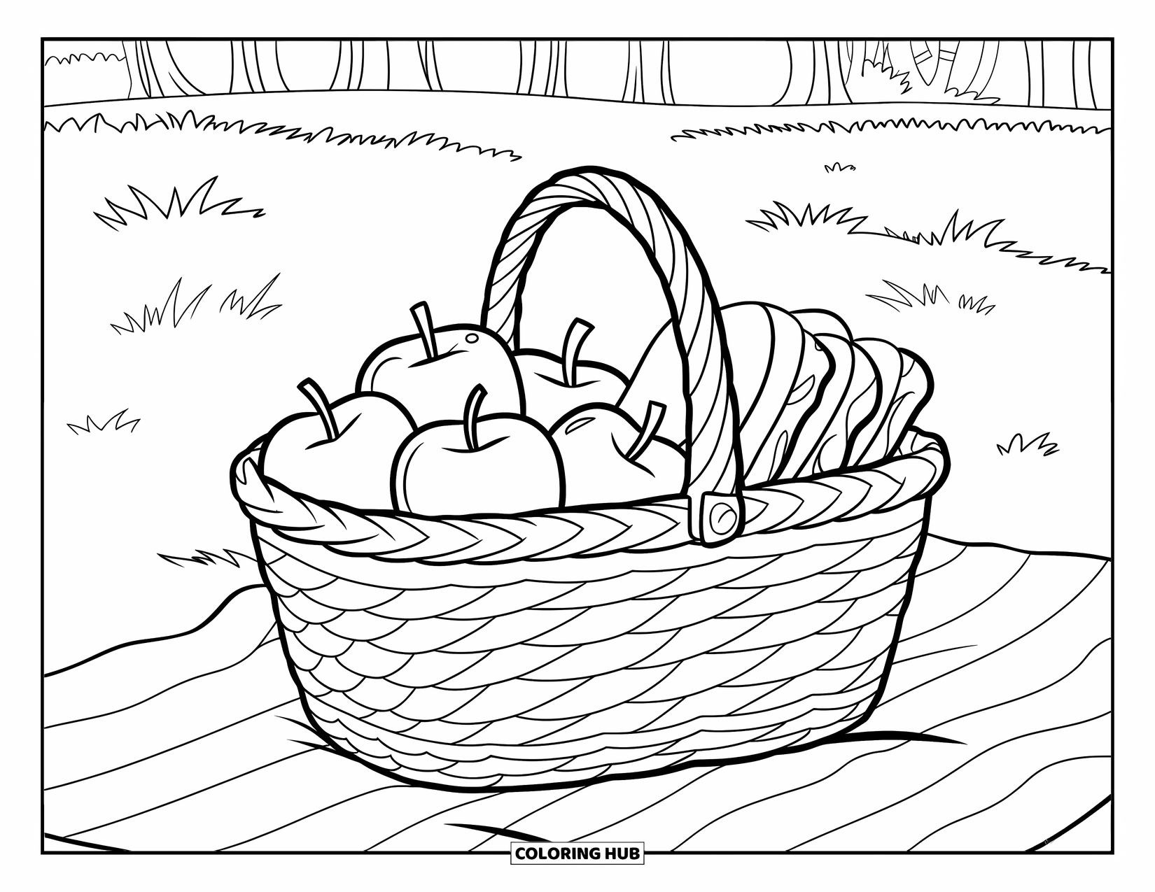July Coloring Page for Kids: Basket with apples and sandwiches on blanket in grassy field