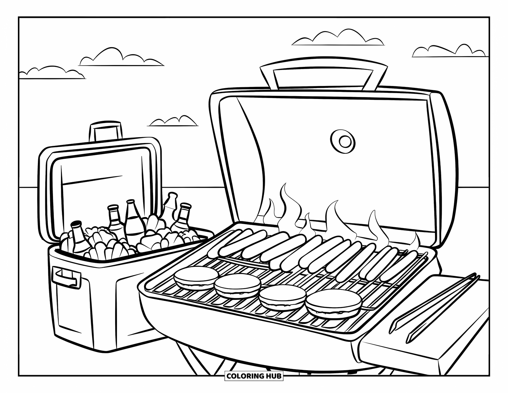 July Coloring Page for Kids: BBQ grill with burgers, hot dogs, tongs, cooler, and cloudy sky