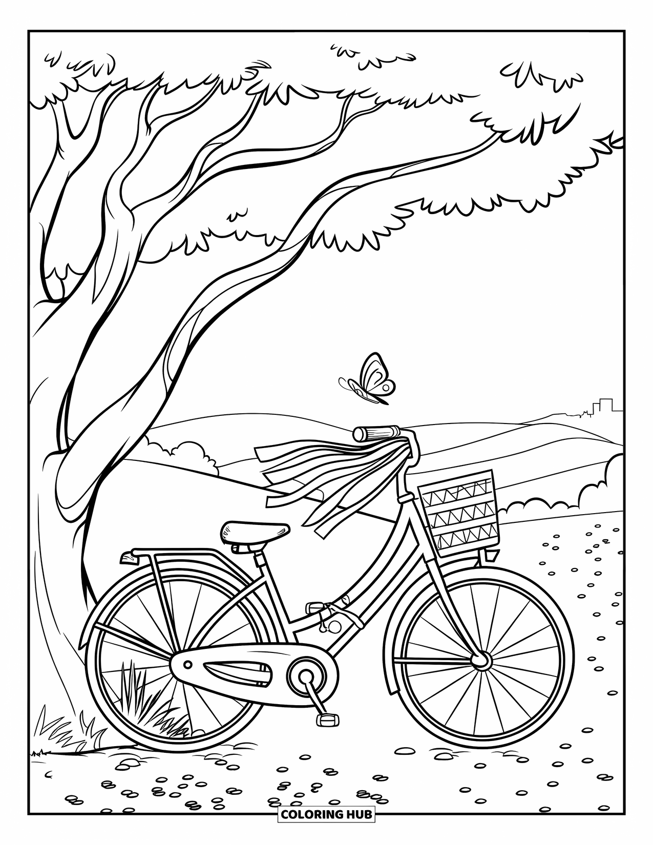 July Coloring Page for Kids: Bicycle with basket and streamers under shady tree near hills