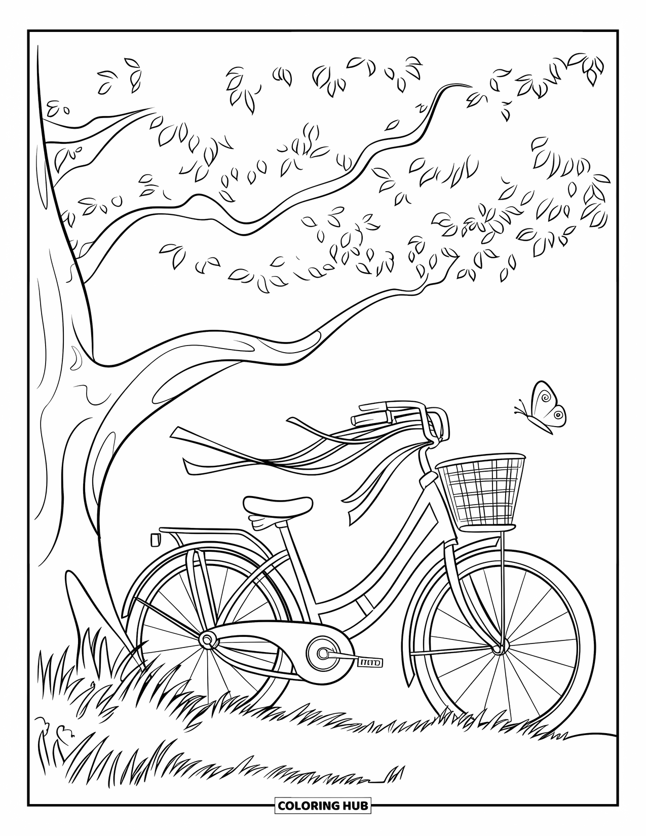 July Coloring Page for Kids: Bicycle with streamers and basket rests by shady tree and butterfly