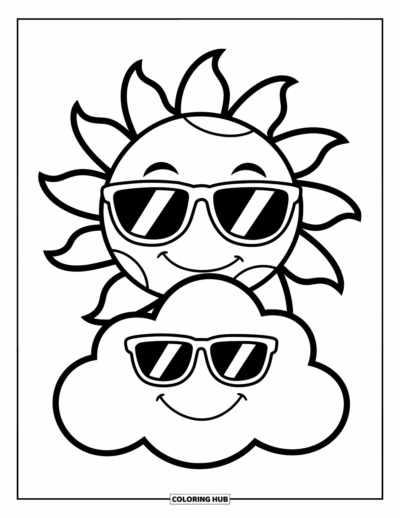 July Coloring Page for Kids: Big sun wearing sunglasses smiles above a happy cloud